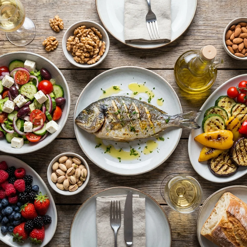 Colorful Mediterranean meal spread with grilled fish, olive oil salad, nuts, berries, and roasted vegetables