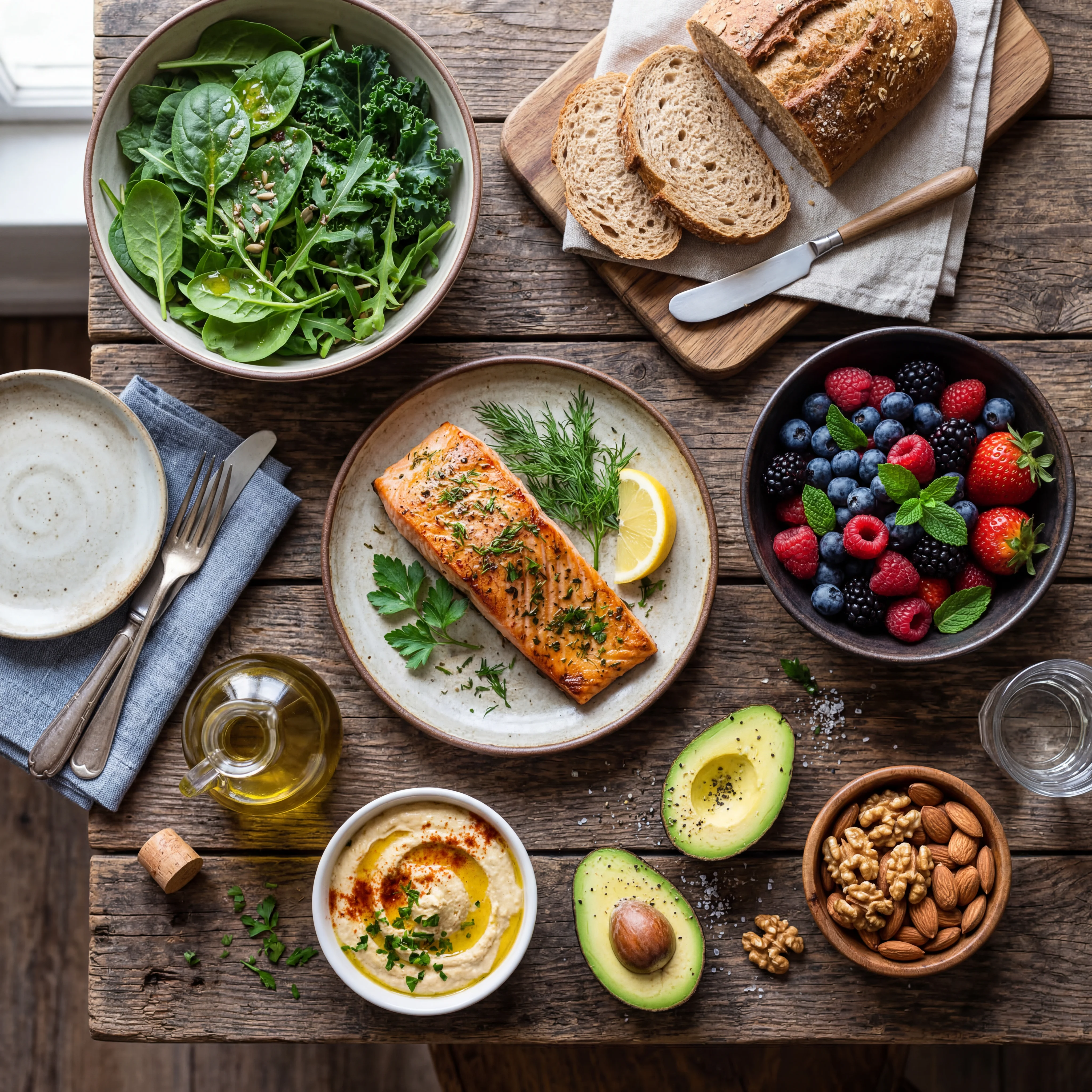 Colorful spread of Mediterranean diet foods including salmon, olive oil, nuts, leafy greens, and berries on a wooden table