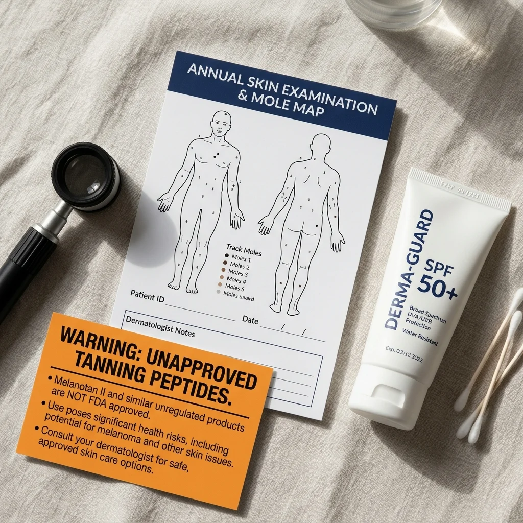 Dermatology mole map and sunscreen beside an unapproved tanning peptide warning