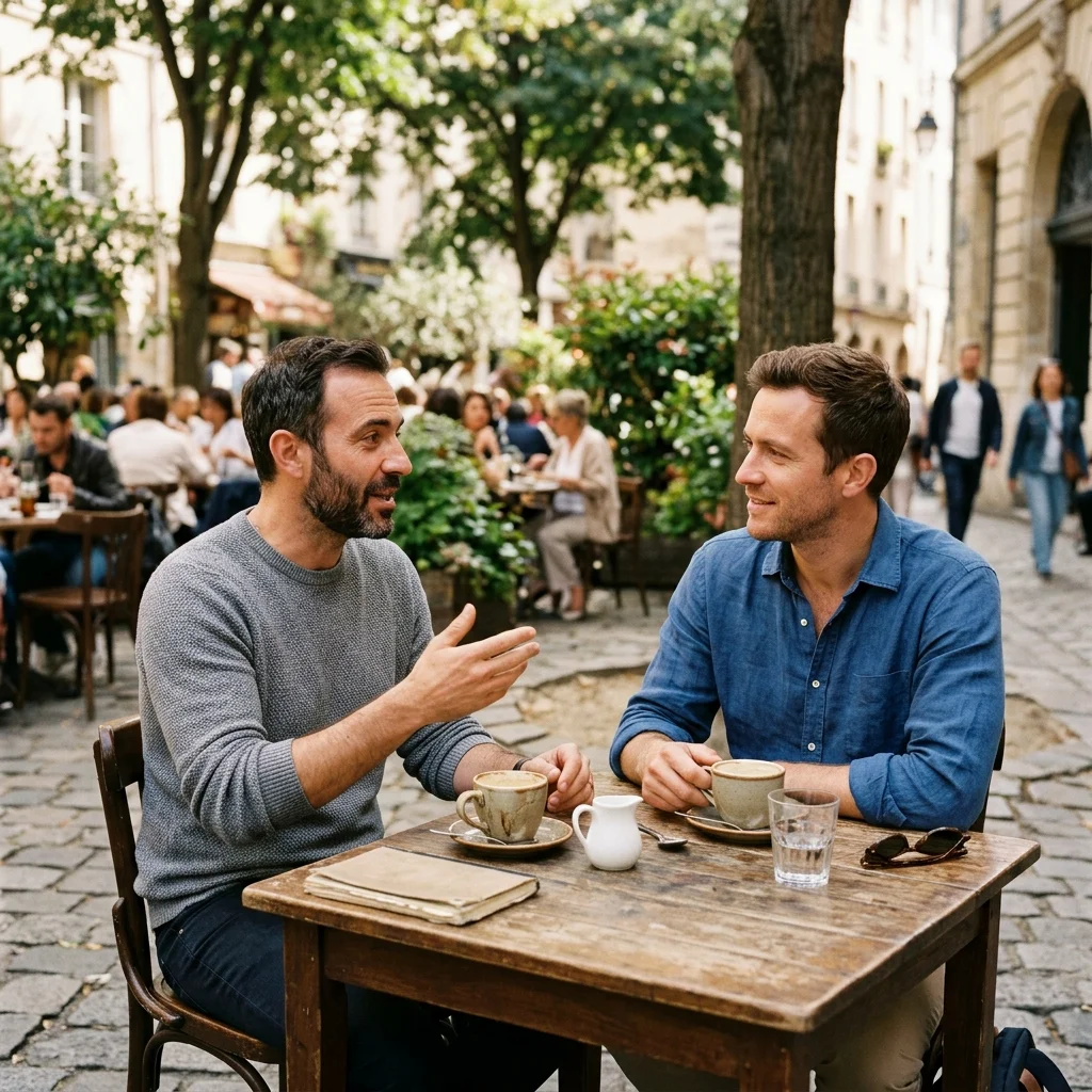 Two men having an honest conversation over coffee at an outdoor cafe, one speaking while the other listens