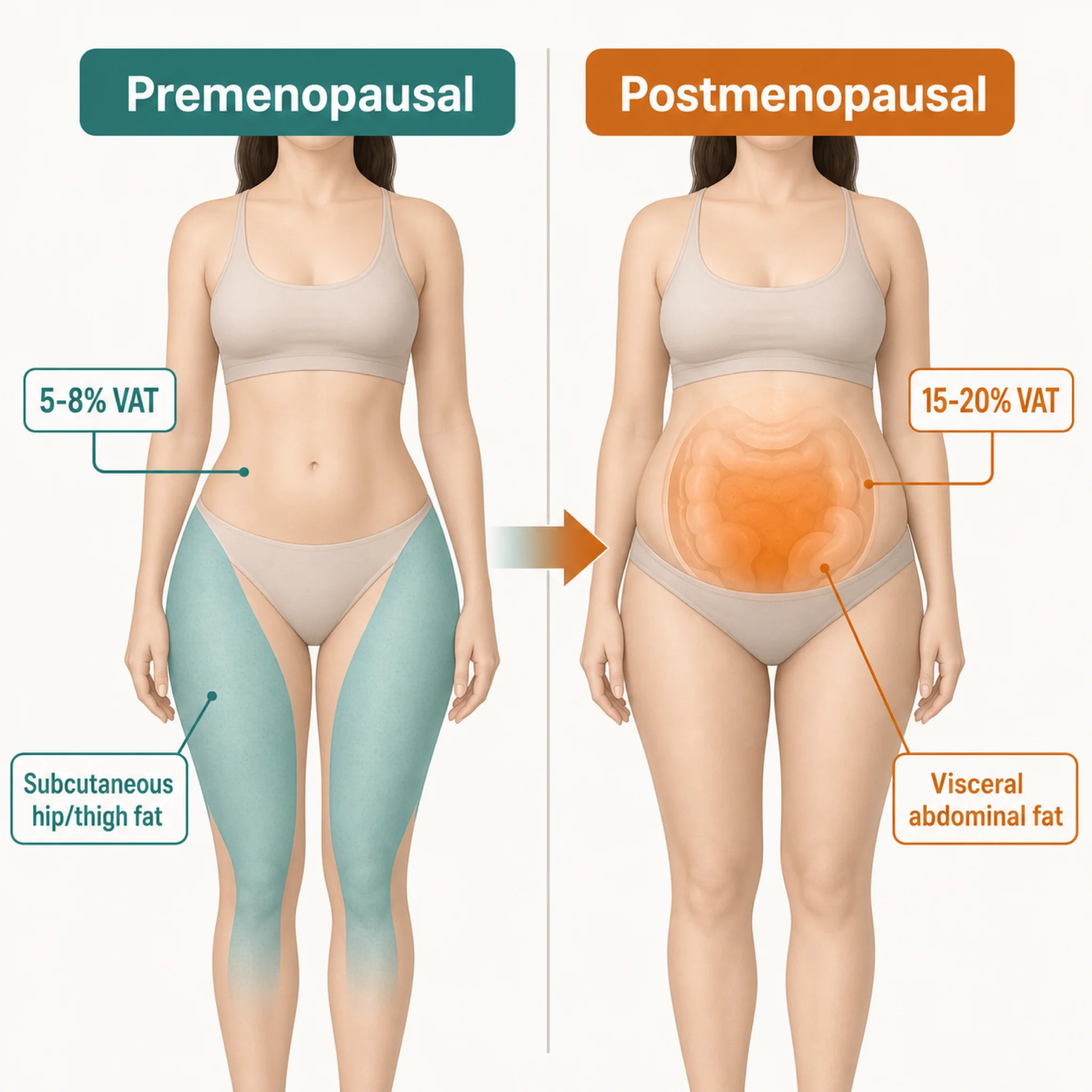 Infographic comparing fat distribution before and after menopause showing shift from subcutaneous to visceral storage