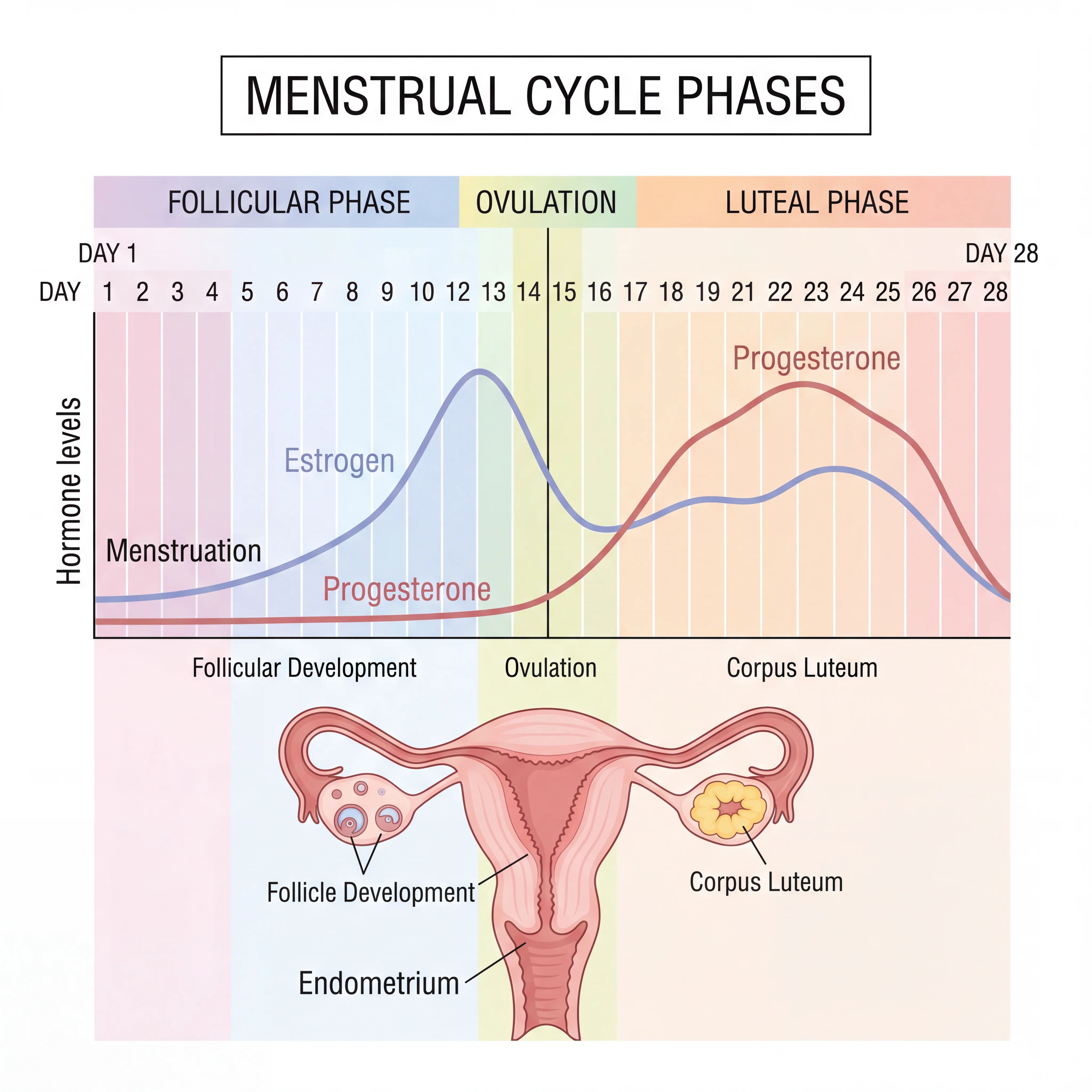 Diagram showing the follicular and luteal phases of a typical menstrual cycle with hormone curves