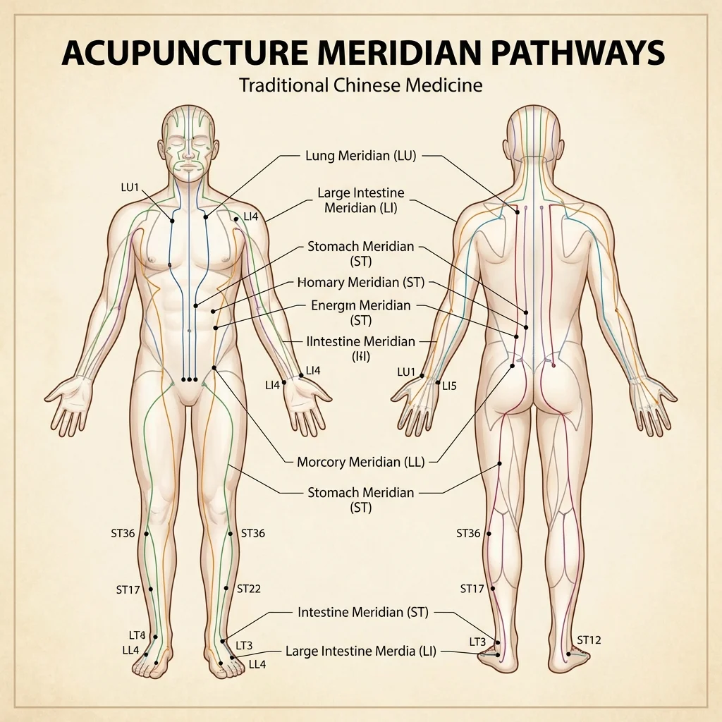 Illustration of major acupuncture meridian pathways and commonly used treatment points on the human body