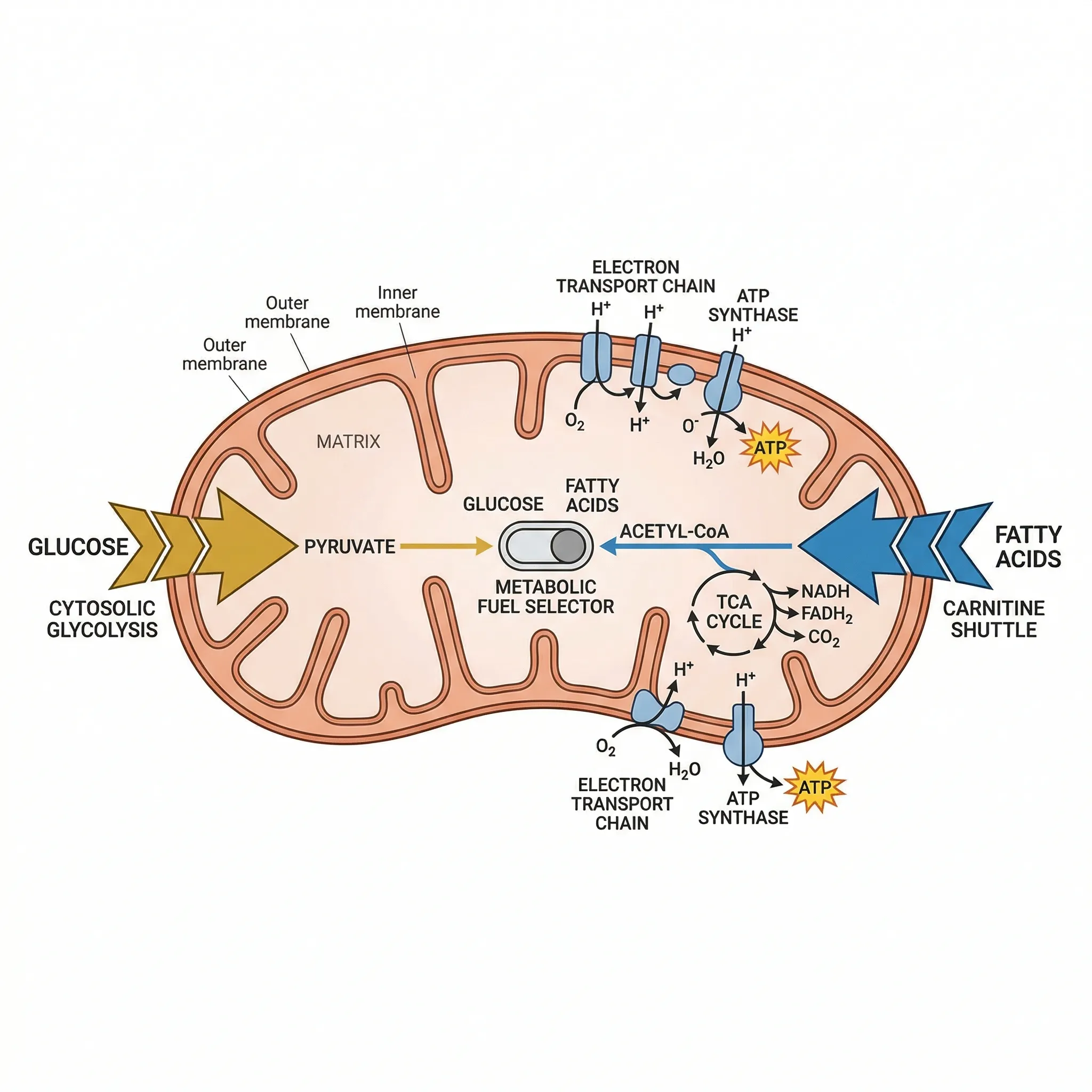 Infographic showing the molecular pathway of fuel switching between glucose and fatty acid oxidation in mitochondria
