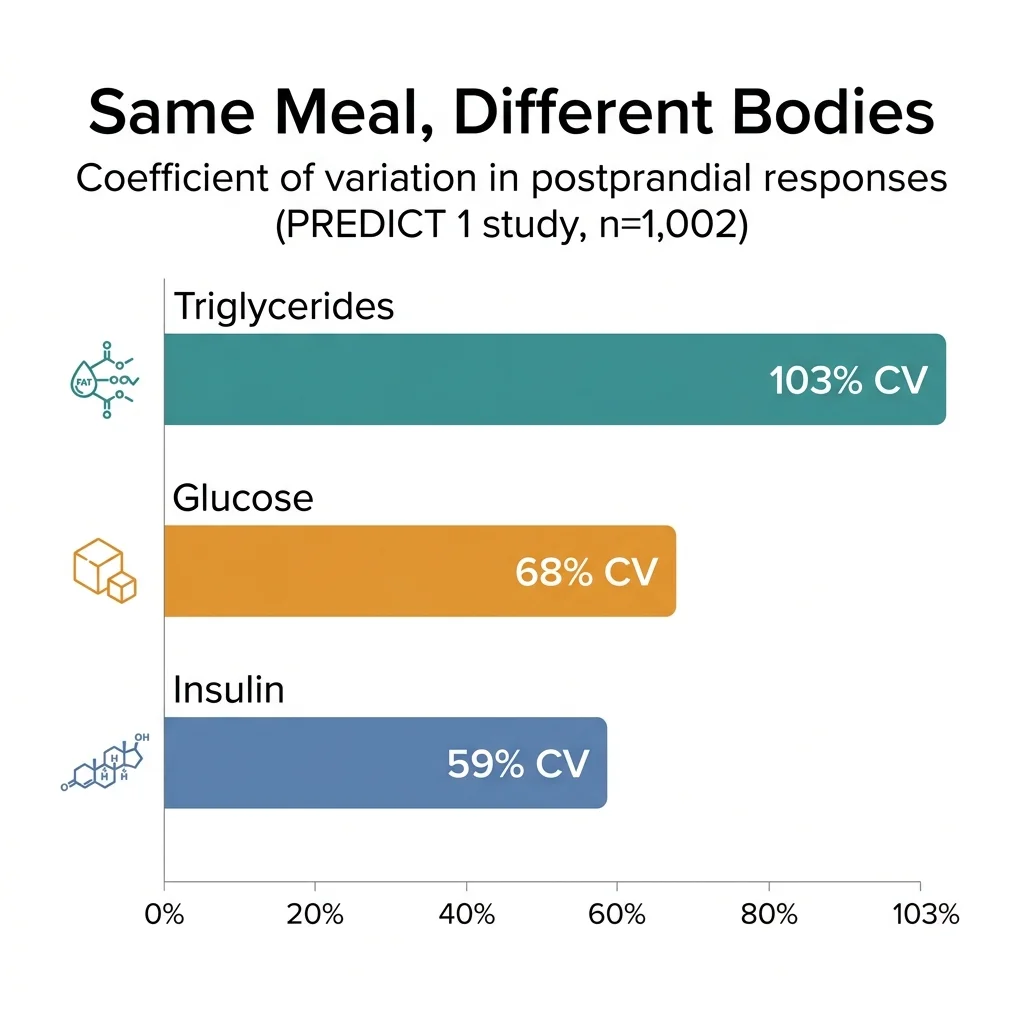 Infographic showing coefficient of variation in postprandial metabolic responses across 1,002 individuals eating identical meals