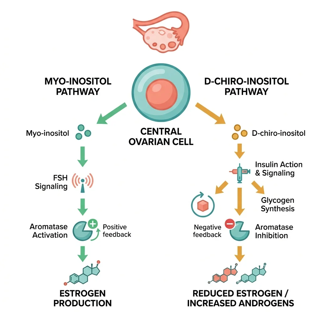 Infographic showing how myo-inositol and D-chiro-inositol follow different signaling pathways inside ovarian cells