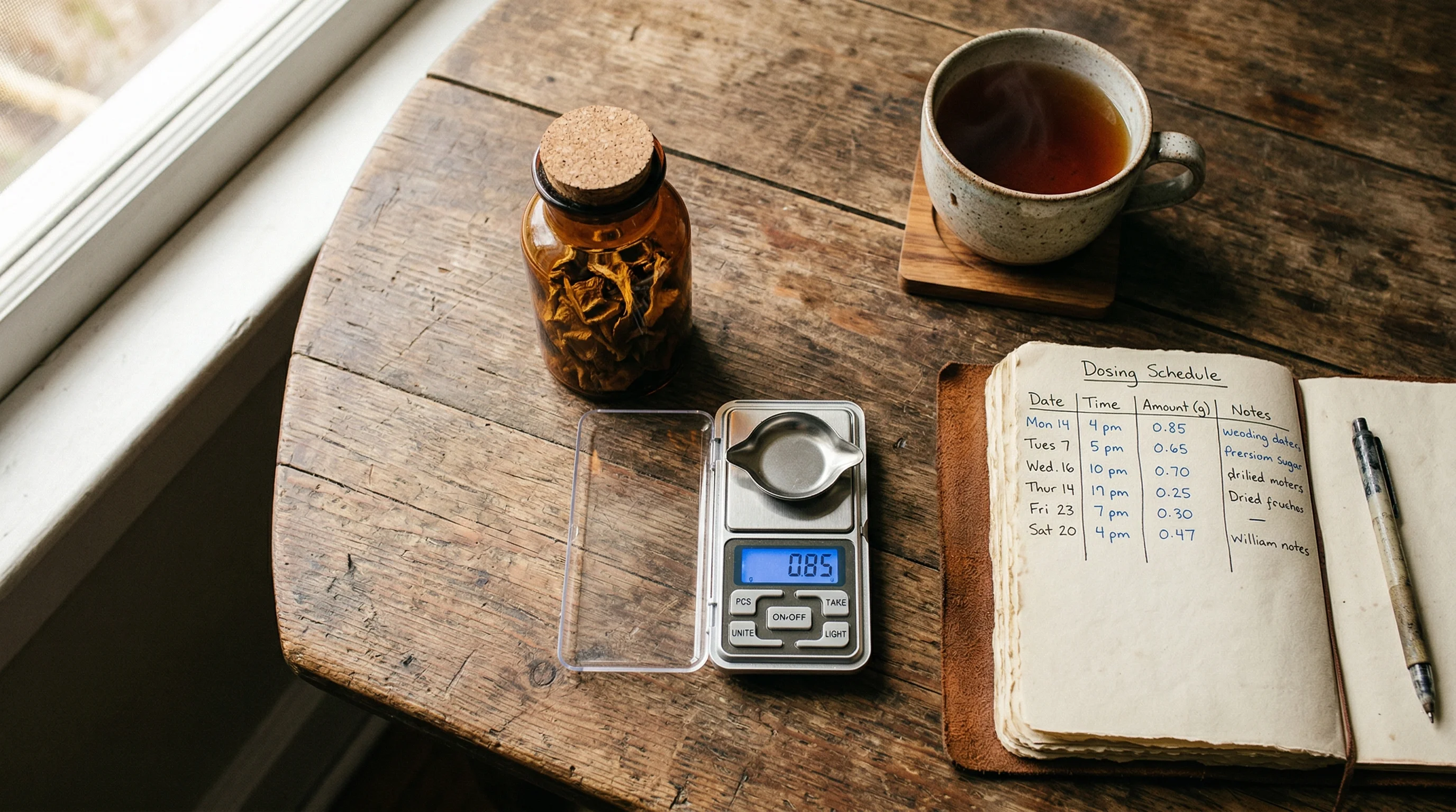 Microdosing supplies arranged on a table including dried mushrooms, a precision scale, and a dosing journal
