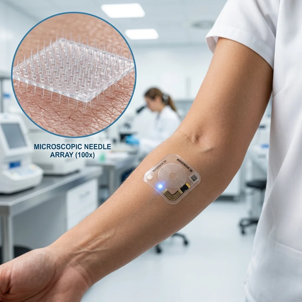 Microneedle biosensor patch on forearm with magnified view of the microscopic needle array