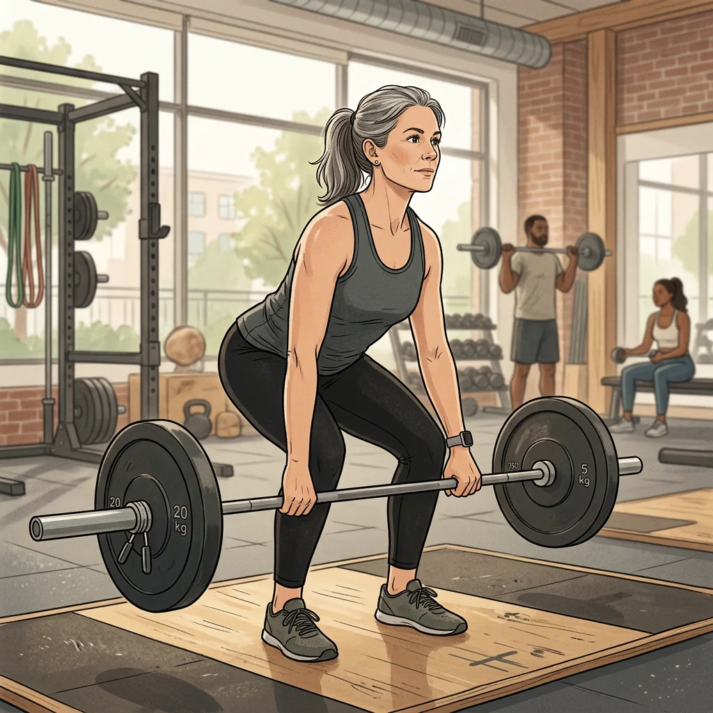 Woman in her 40s performing a barbell deadlift in a well-lit gym, illustrating evidence-based resistance training for midlife visceral fat reduction