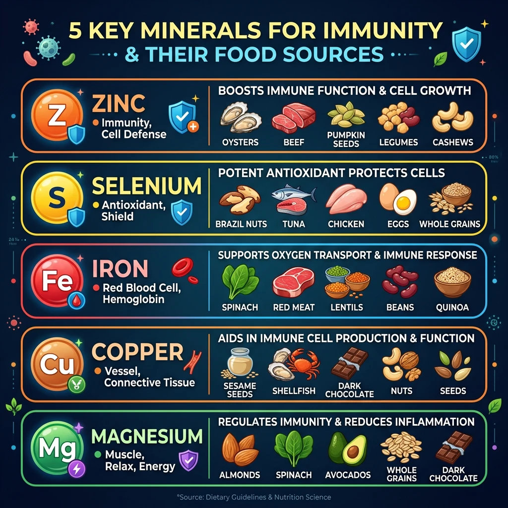 Infographic comparing daily recommended intake of zinc, selenium, iron, and magnesium with top food sources for each mineral