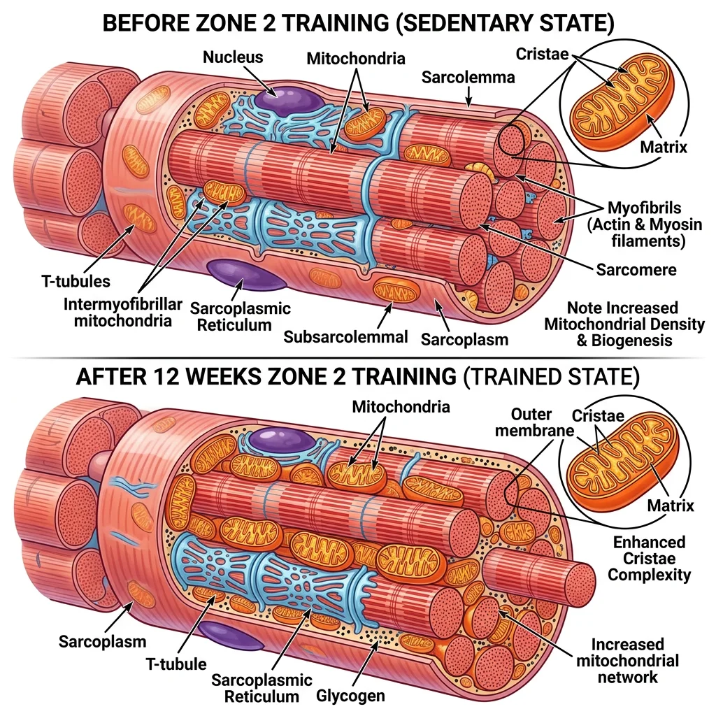 Detailed illustration of mitochondria inside a muscle cell showing how zone 2 training increases mitochondrial density and improves energy production