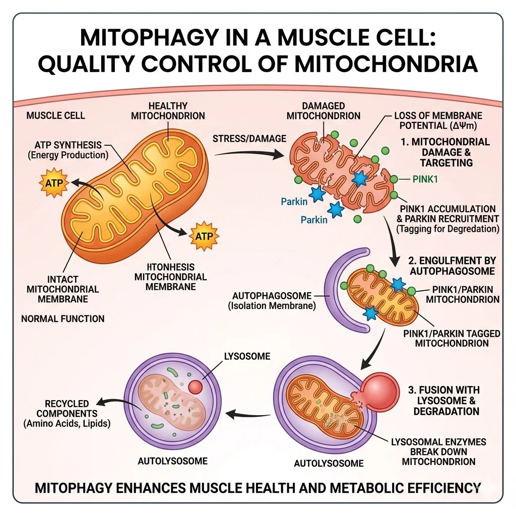 Infographic showing how mitophagy removes damaged mitochondria and replaces them with healthy ones in a muscle cell