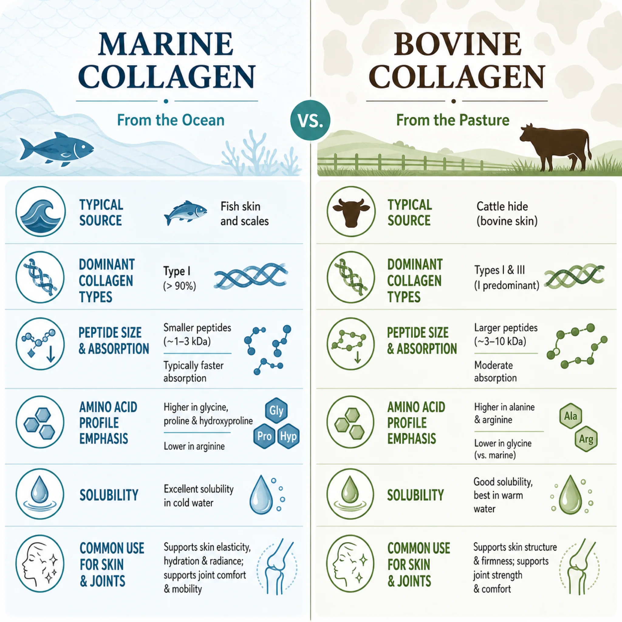 Infographic comparing molecular properties of marine and bovine collagen including collagen types and amino acid profiles
