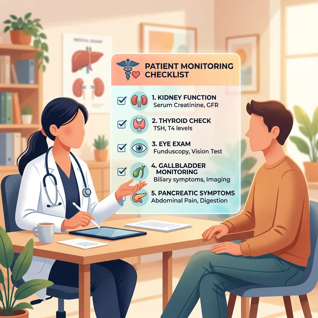 Doctor-patient consultation scene showing a GLP-1 drug monitoring checklist covering kidney, thyroid, eye, and gallbladder health
