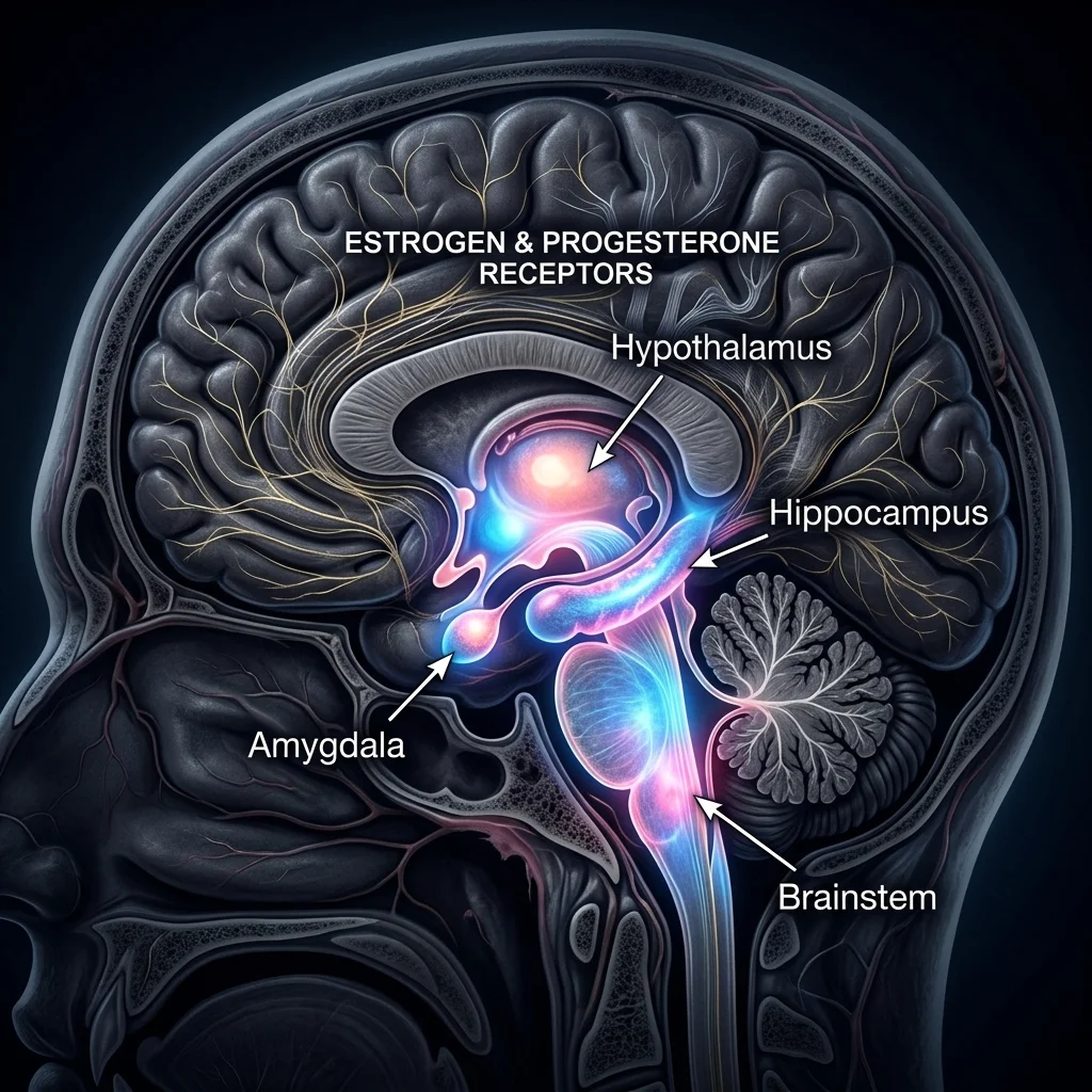 Cross-section illustration of the brain highlighting estrogen and progesterone receptor regions