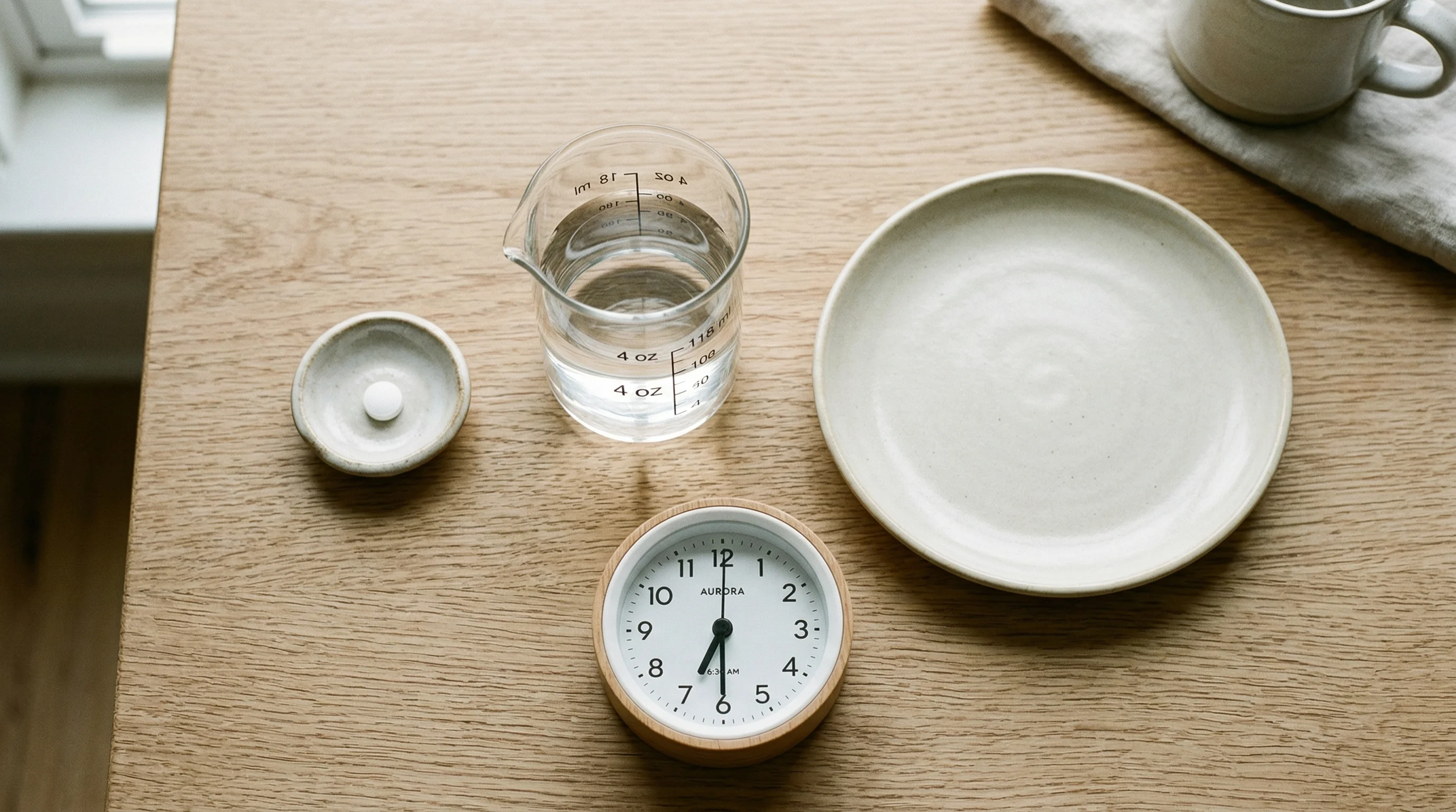 Morning dosing routine for oral semaglutide showing pill, small amount of water, and 30-minute wait before breakfast