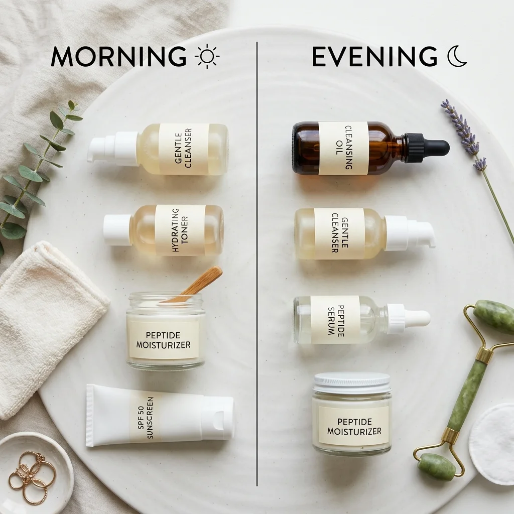 Morning and evening peptide skincare routine layout