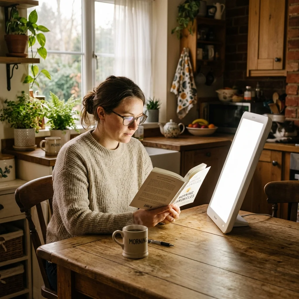 Person using a light therapy box during their morning routine while reading at a kitchen table