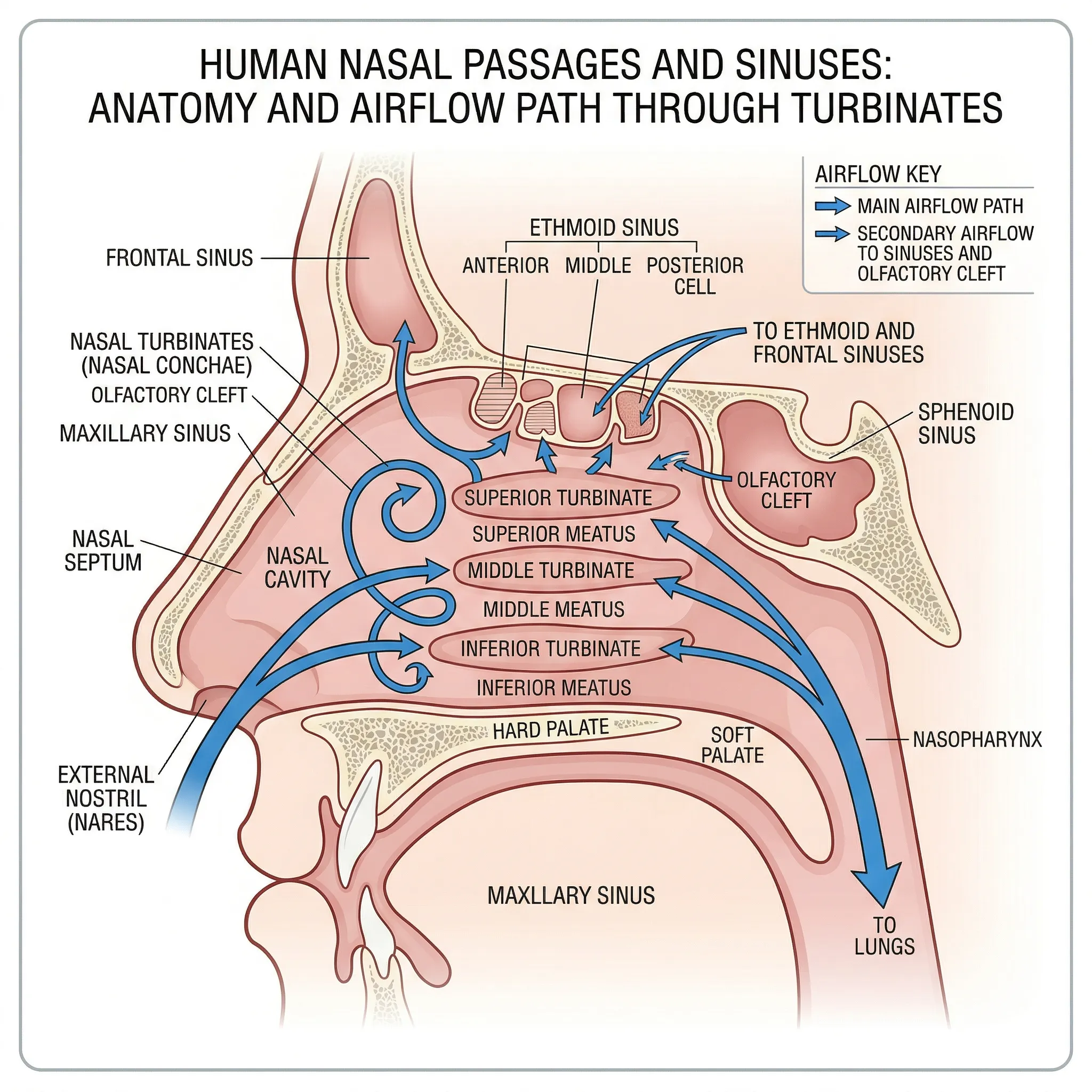 Cross-section diagram showing air flowing through nasal passages with labels for warming, filtering, and nitric oxide production