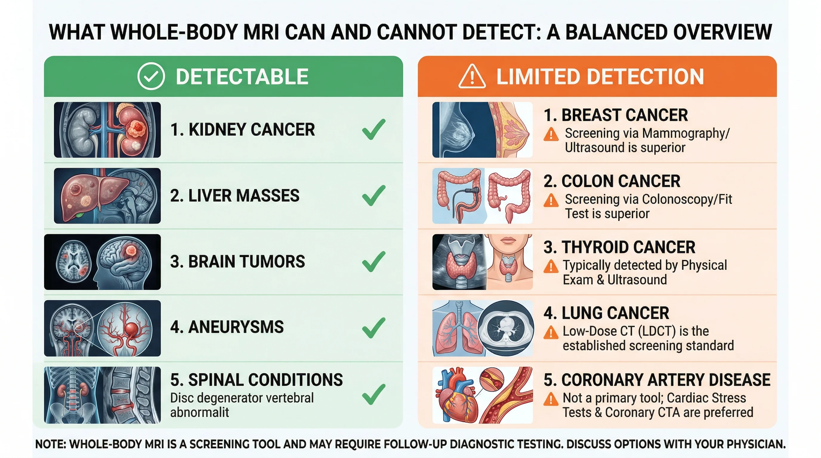 Infographic comparing conditions detectable versus those with limited detection on whole-body MRI screening