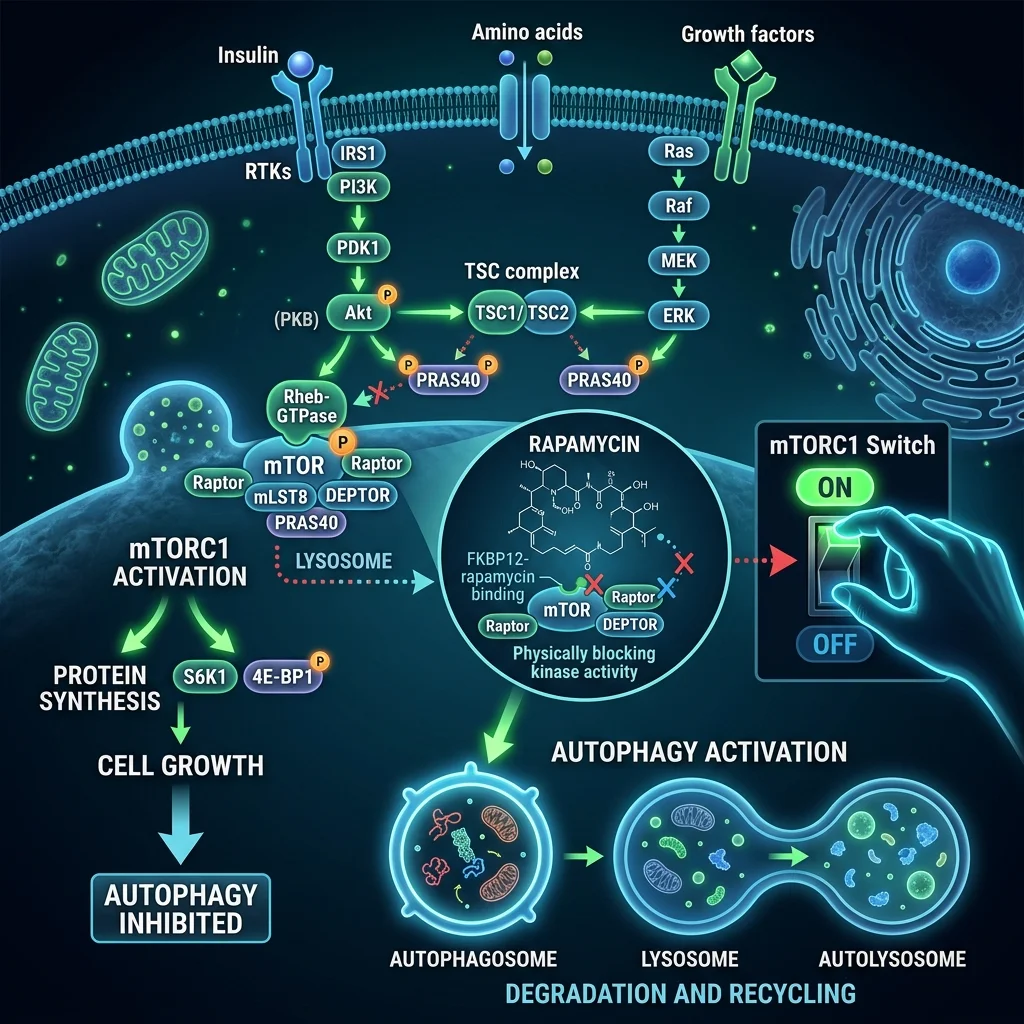 Scientific illustration of rapamycin blocking the mTORC1 pathway inside a cell, triggering autophagy