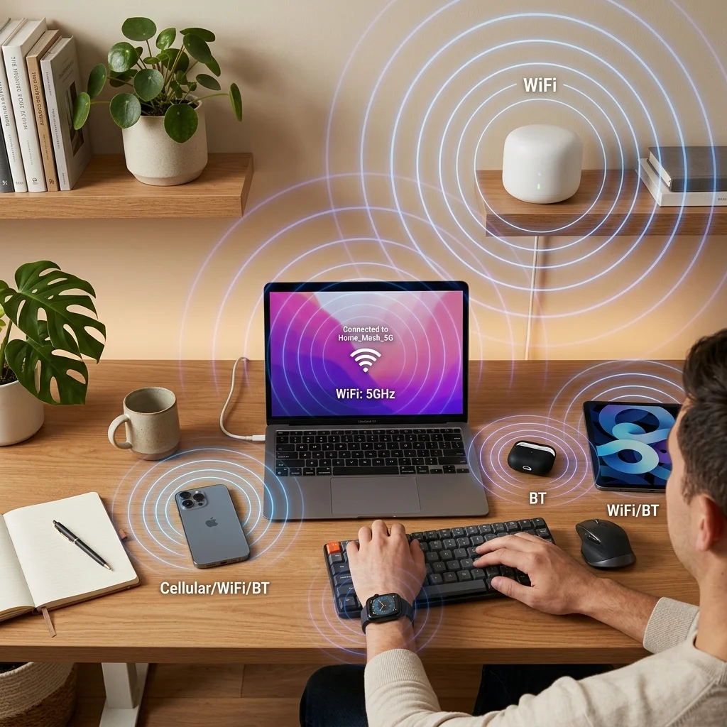 Multiple wireless devices on a desk with overlapping electromagnetic field representations