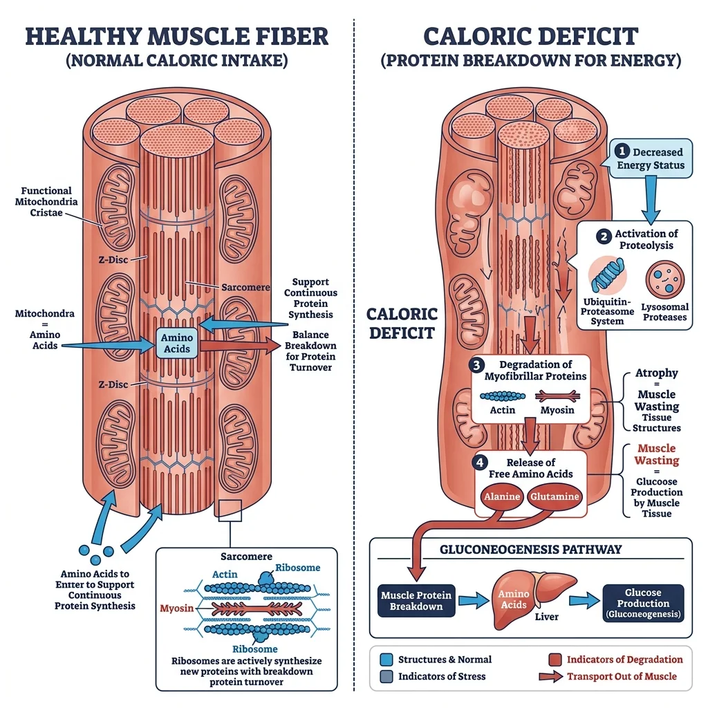 Anatomical illustration comparing healthy muscle fiber with muscle fiber undergoing protein breakdown during caloric deficit from GLP-1 medication use