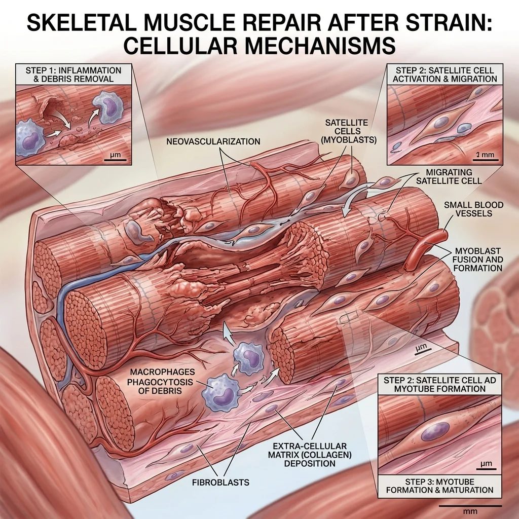 Illustration of muscle repair biology with migrating cells and new blood vessels