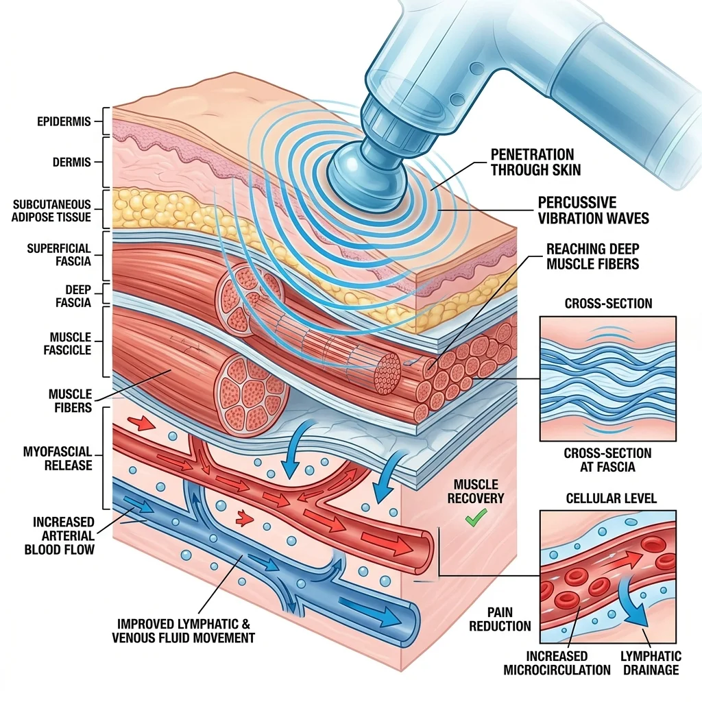 Cross-section illustration of muscle tissue showing how percussive therapy penetrates through skin and fascia layers