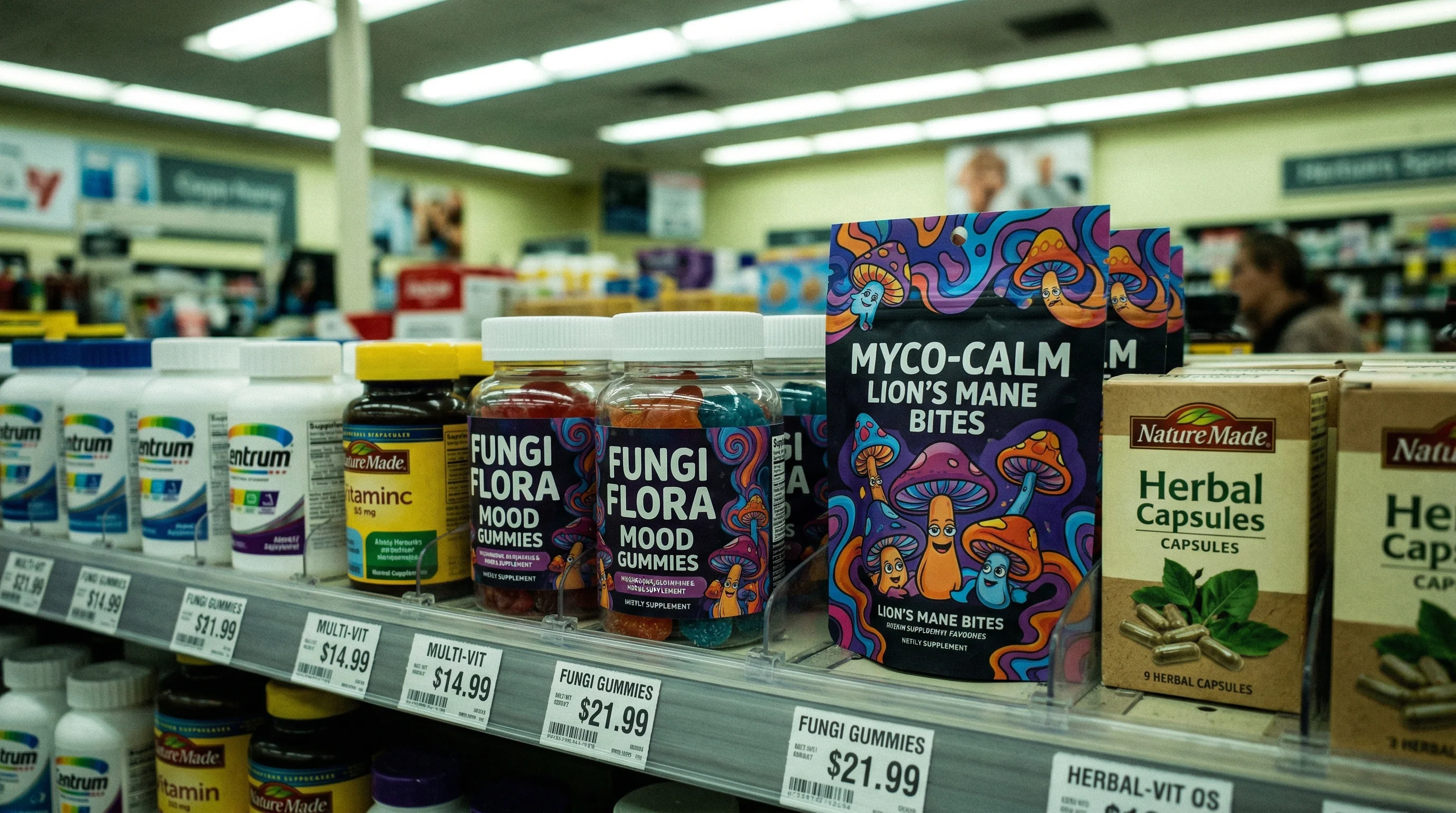 Commercial mushroom supplement gummy products on retail shelves alongside conventional supplements