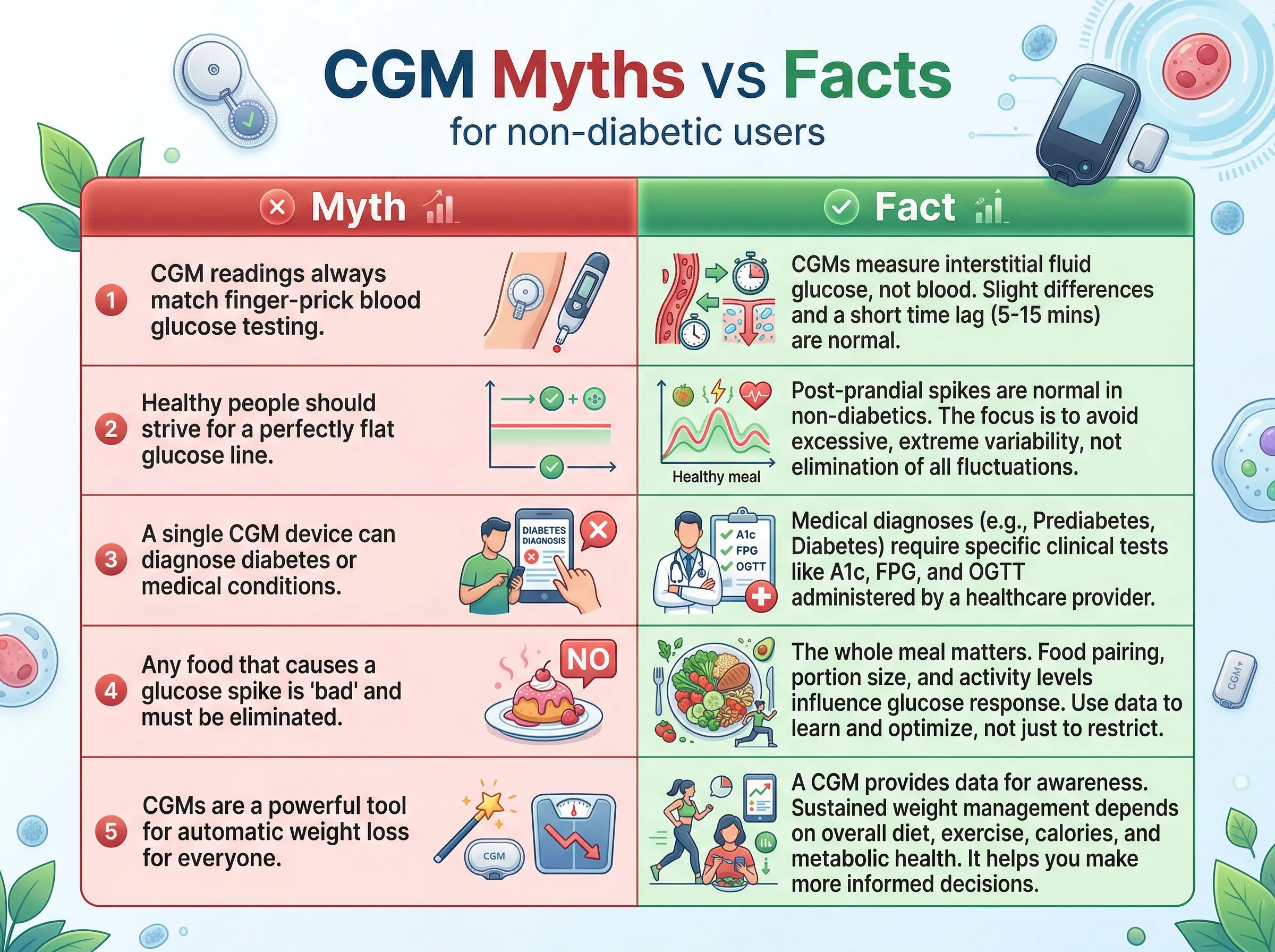 Comparison table distinguishing common CGM myths from evidence-based facts for non-diabetic users