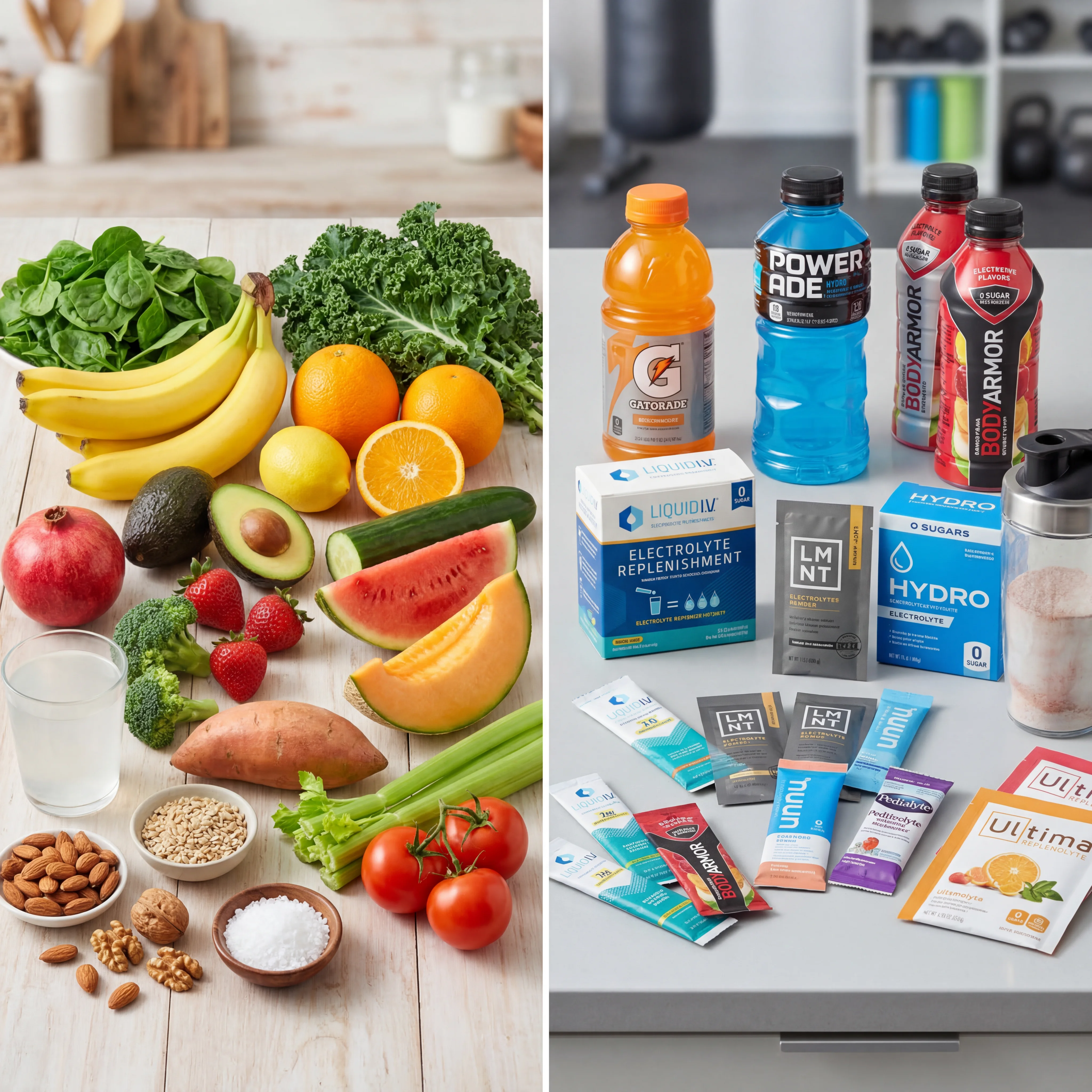 Split image comparing a sports drink bottle on one side and fresh whole foods on the other side