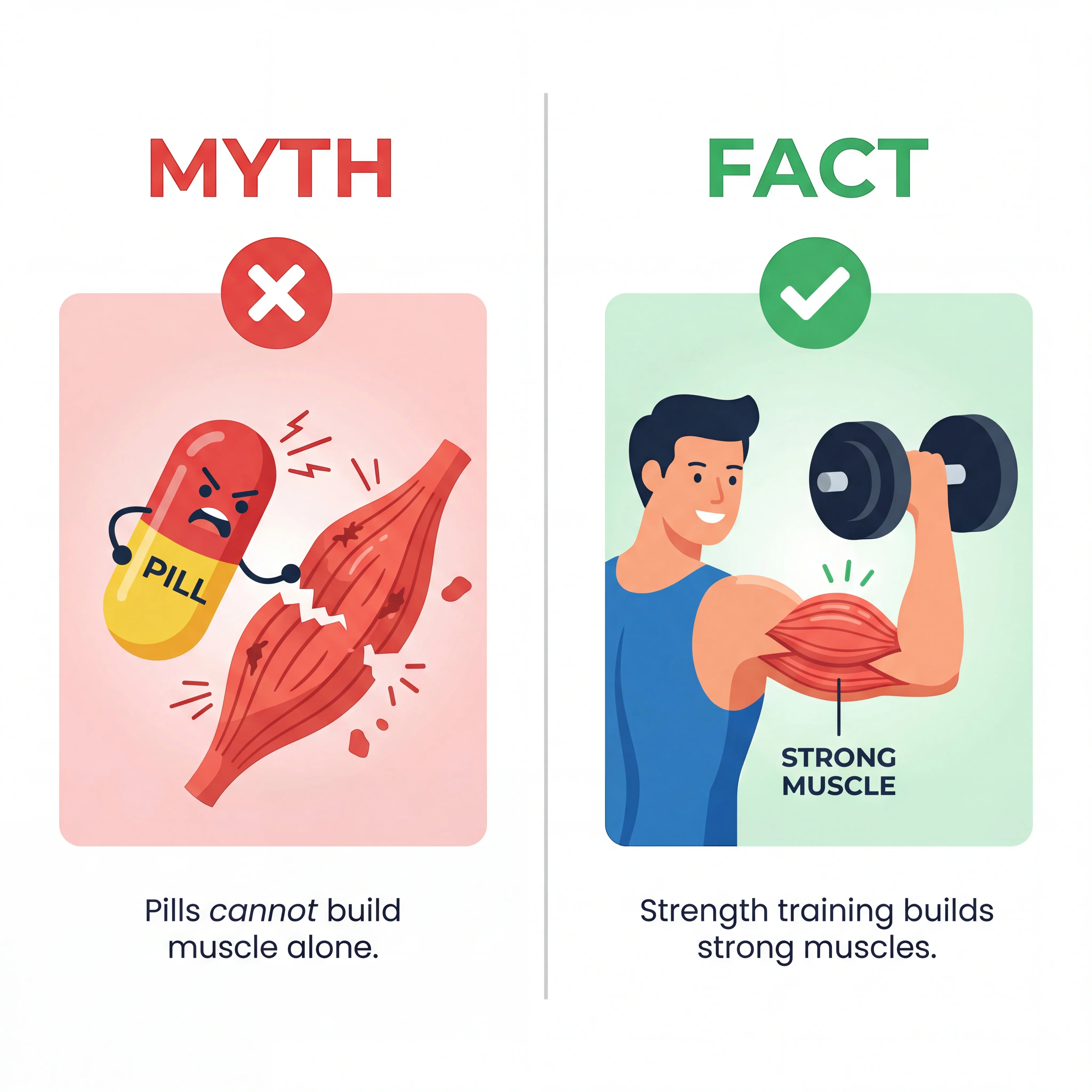 Split-screen comparison graphic contrasting myths and facts about GLP-1 medications and muscle loss