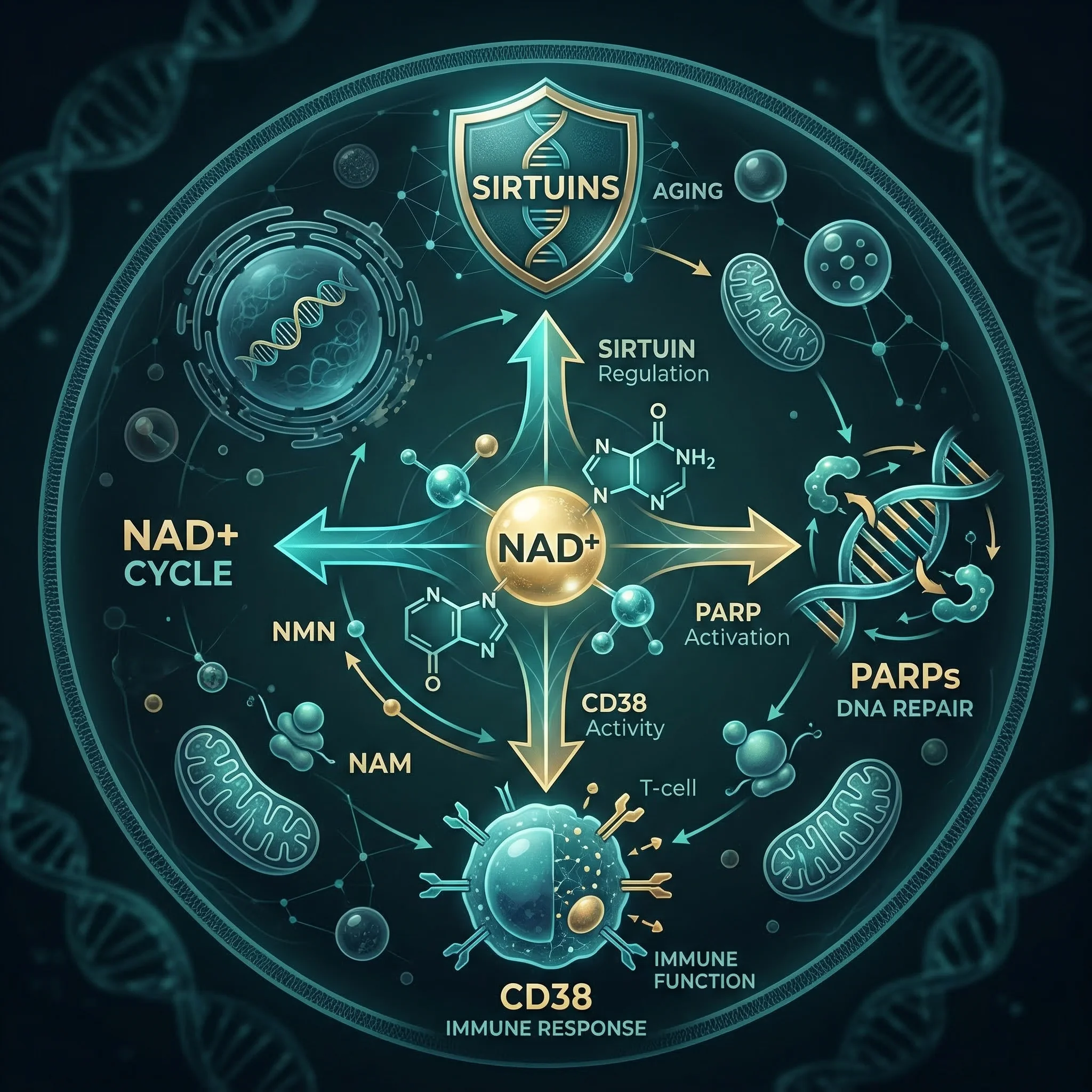 Infographic showing three NAD-dependent enzyme families sirtuins PARPs and CD38 competing for cellular NAD supply