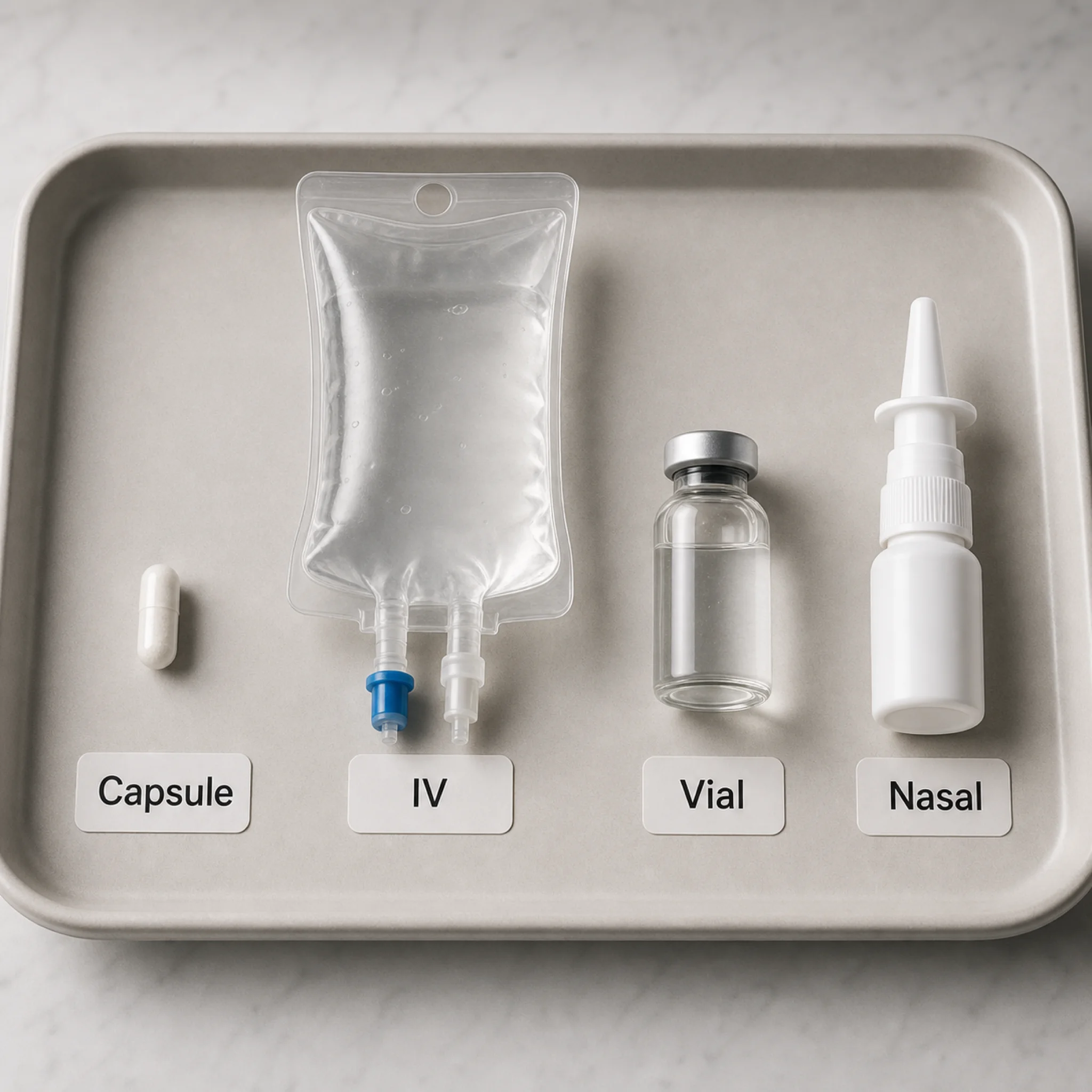Capsule, IV bag, vial, and nasal spray arranged as NAD+ delivery route examples