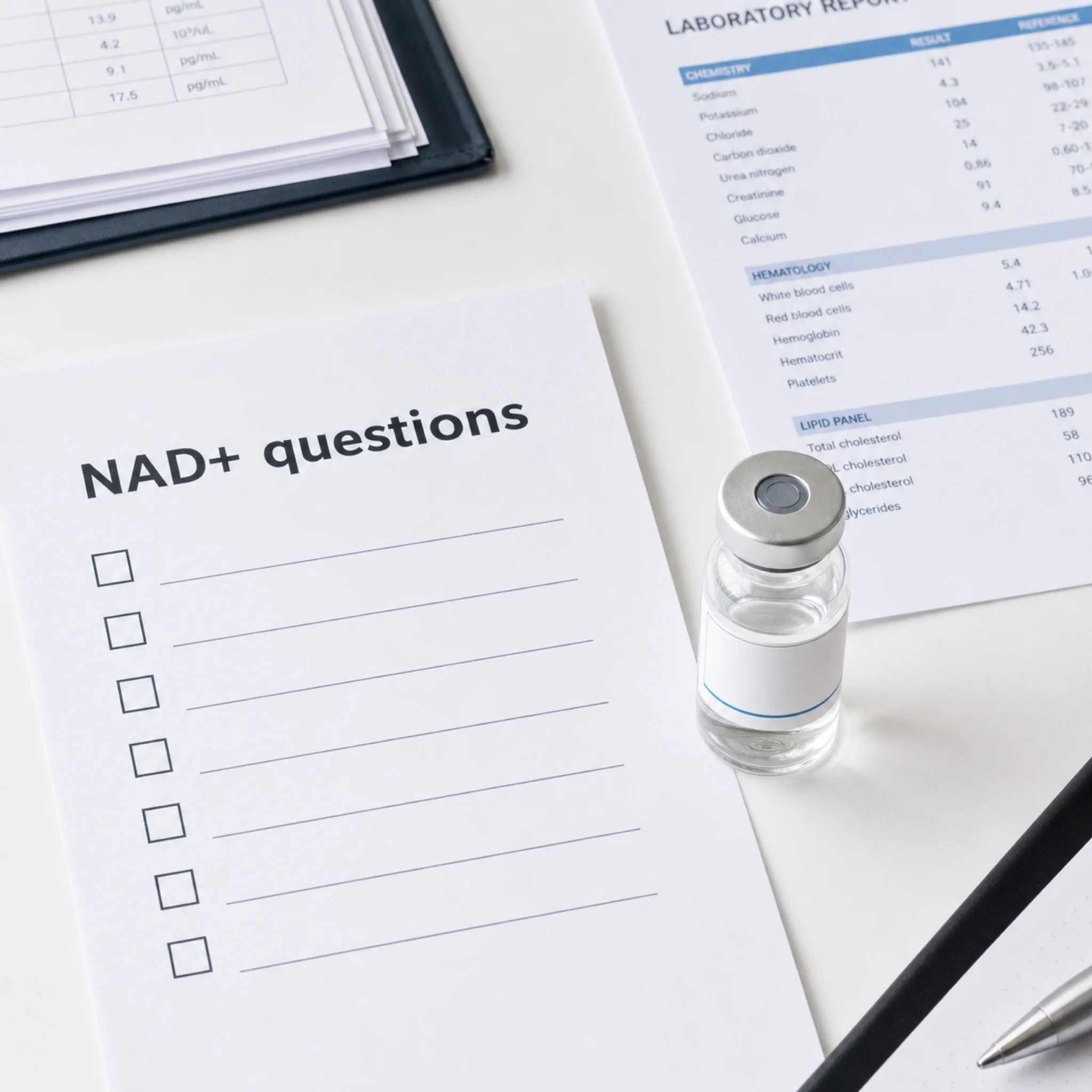 Checklist of safety questions beside an unopened NAD+ vial and lab paperwork