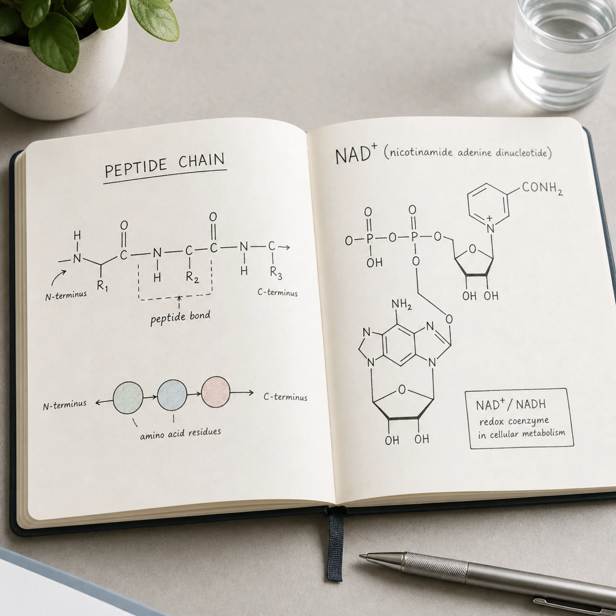 Notebook comparing a peptide chain diagram with an NAD+ coenzyme diagram