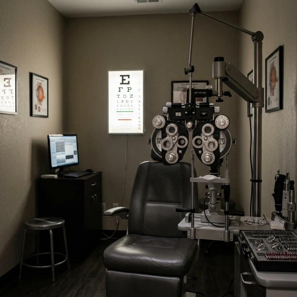 Conceptual editorial image of an eye examination room with phoropter and chart, soft moody lighting, neutral clinical palette, no faces, photorealistic editorial style