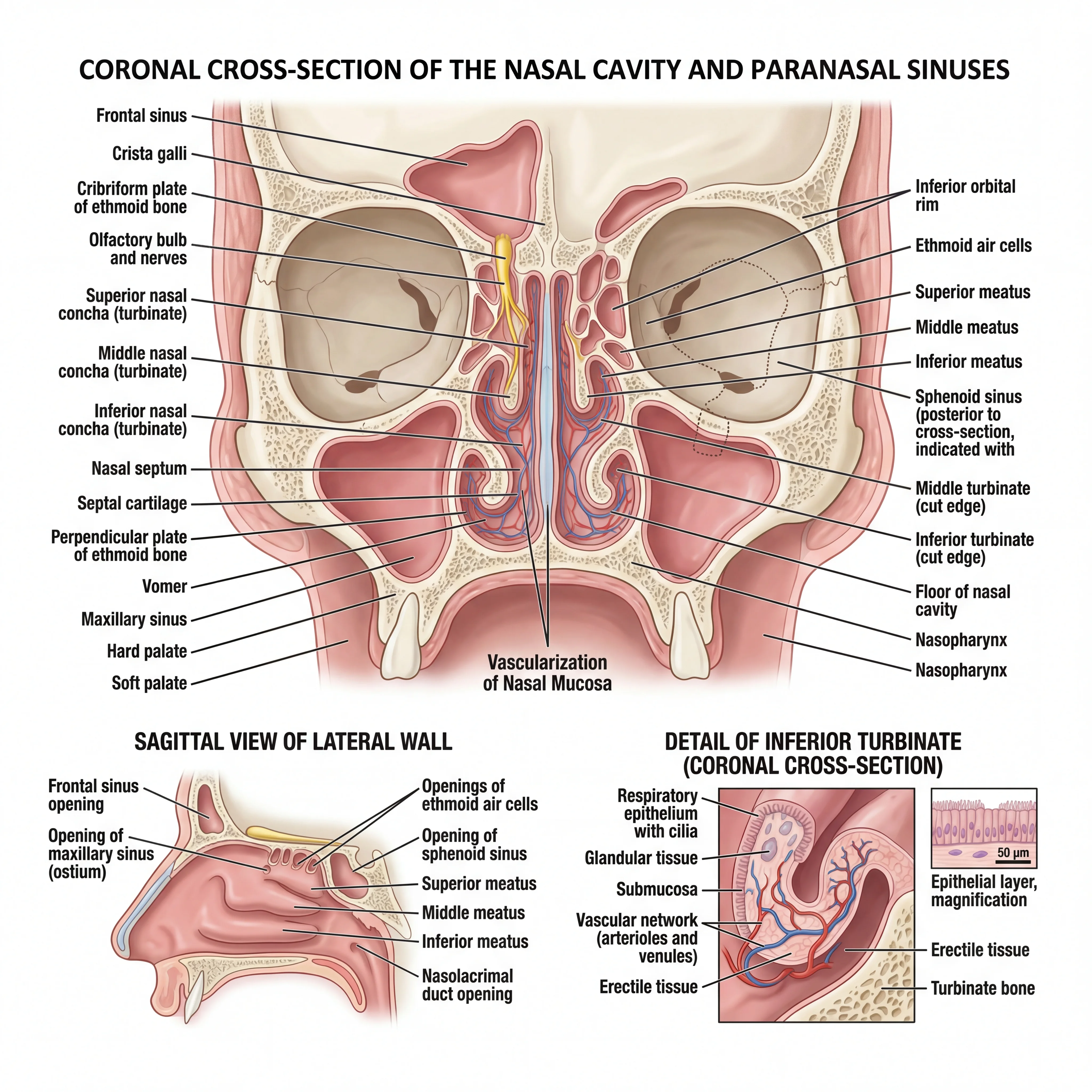 Cross-section illustration of nasal anatomy showing cilia, sinuses, and passages at risk from fine powder