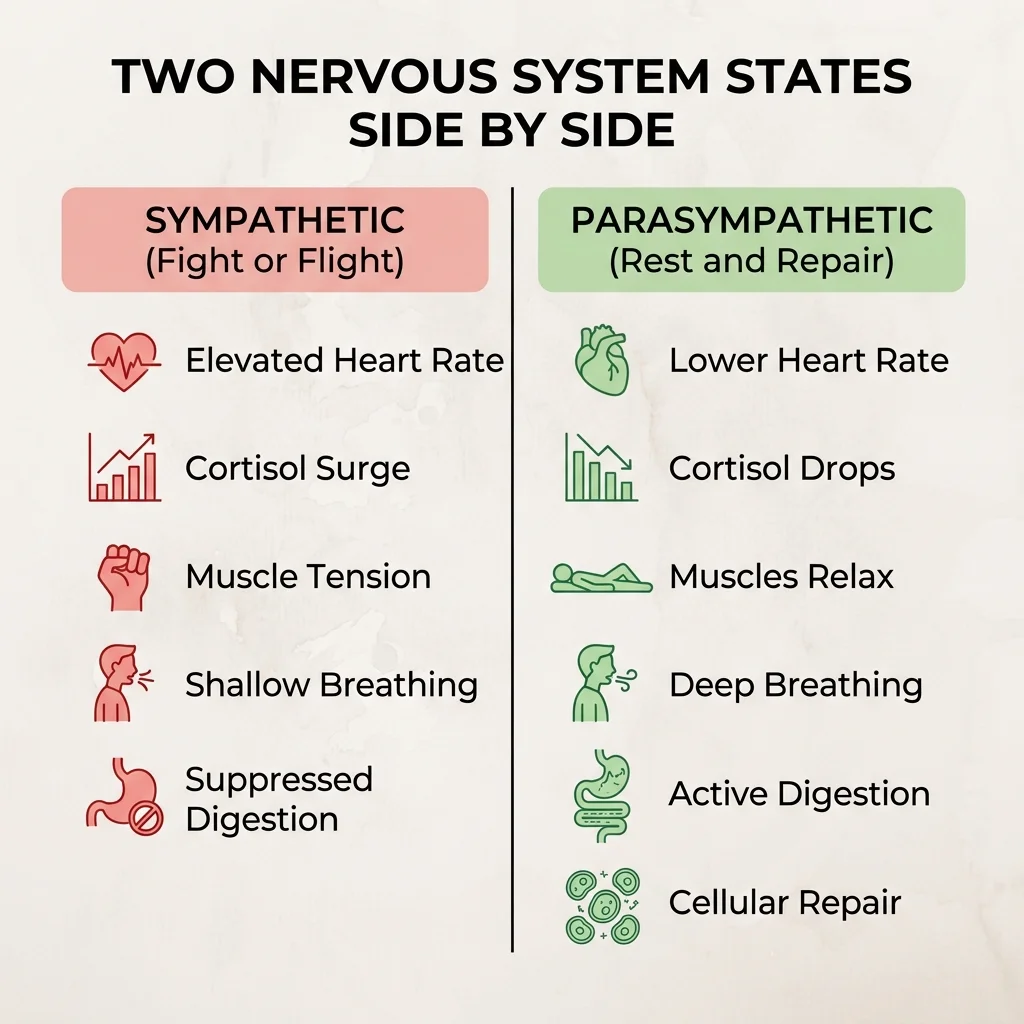 Infographic comparing sympathetic fight-or-flight responses with parasympathetic rest-and-repair responses in the human nervous system