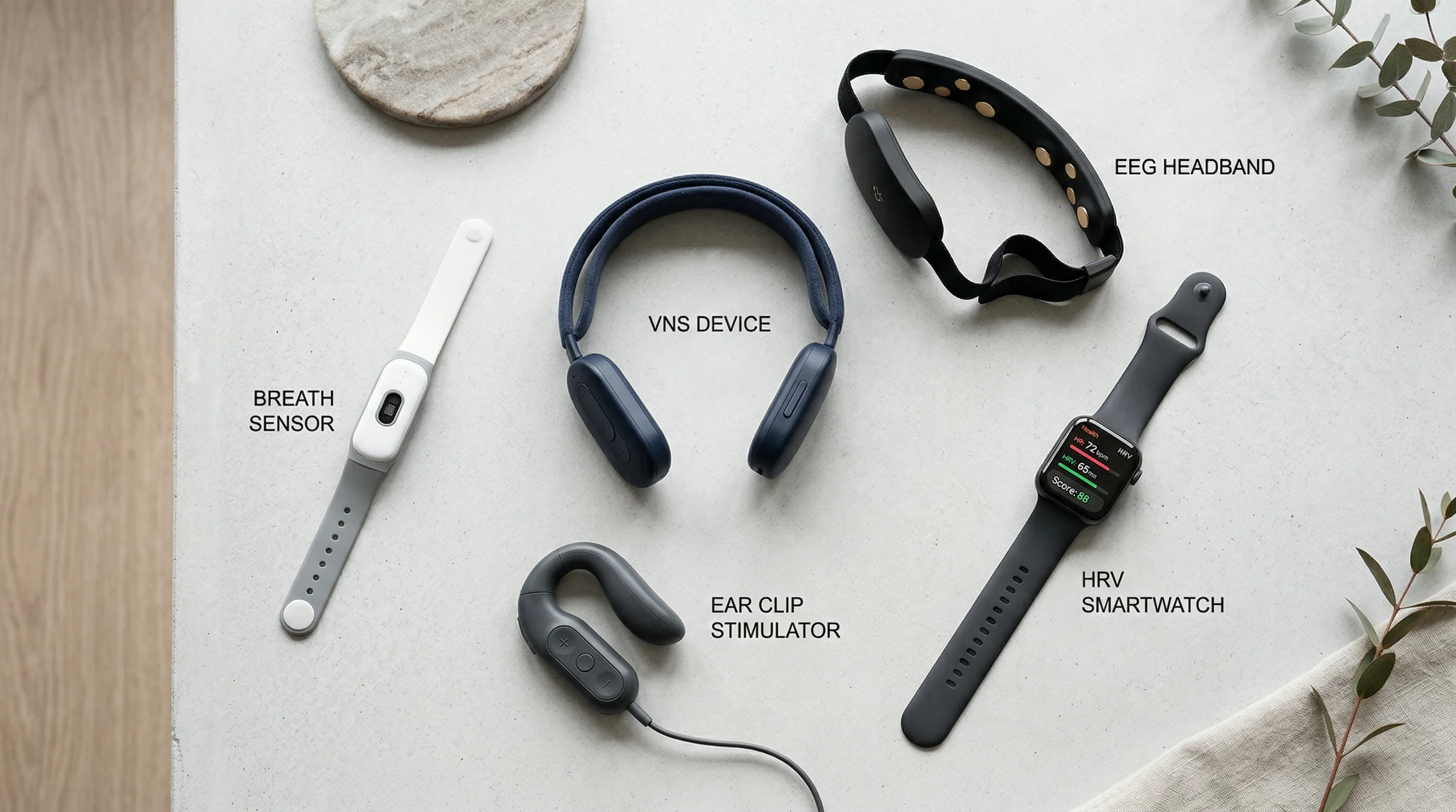 Collection of neurowellness technology devices including VNS stimulators, HRV wearables, and EEG headbands