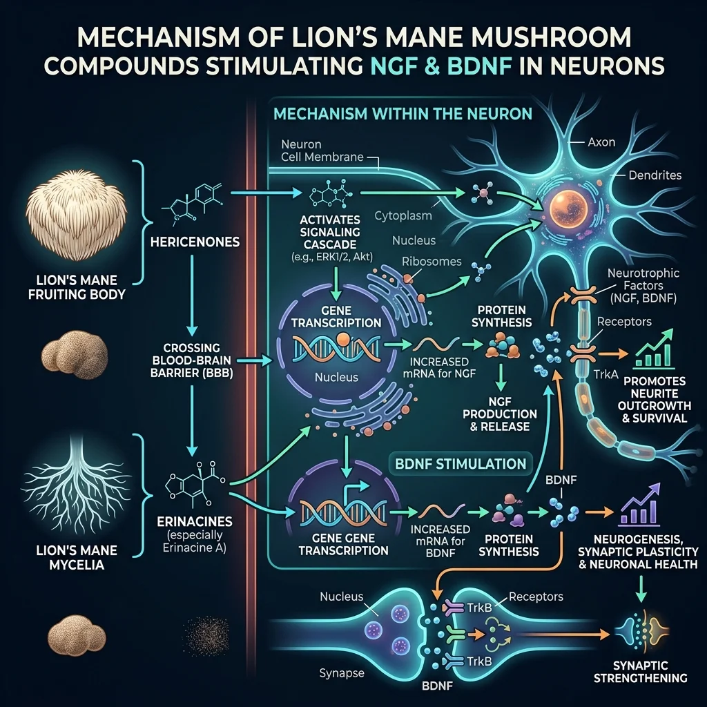 Diagram showing how hericenones and erinacines from lion's mane stimulate NGF and BDNF production in neurons