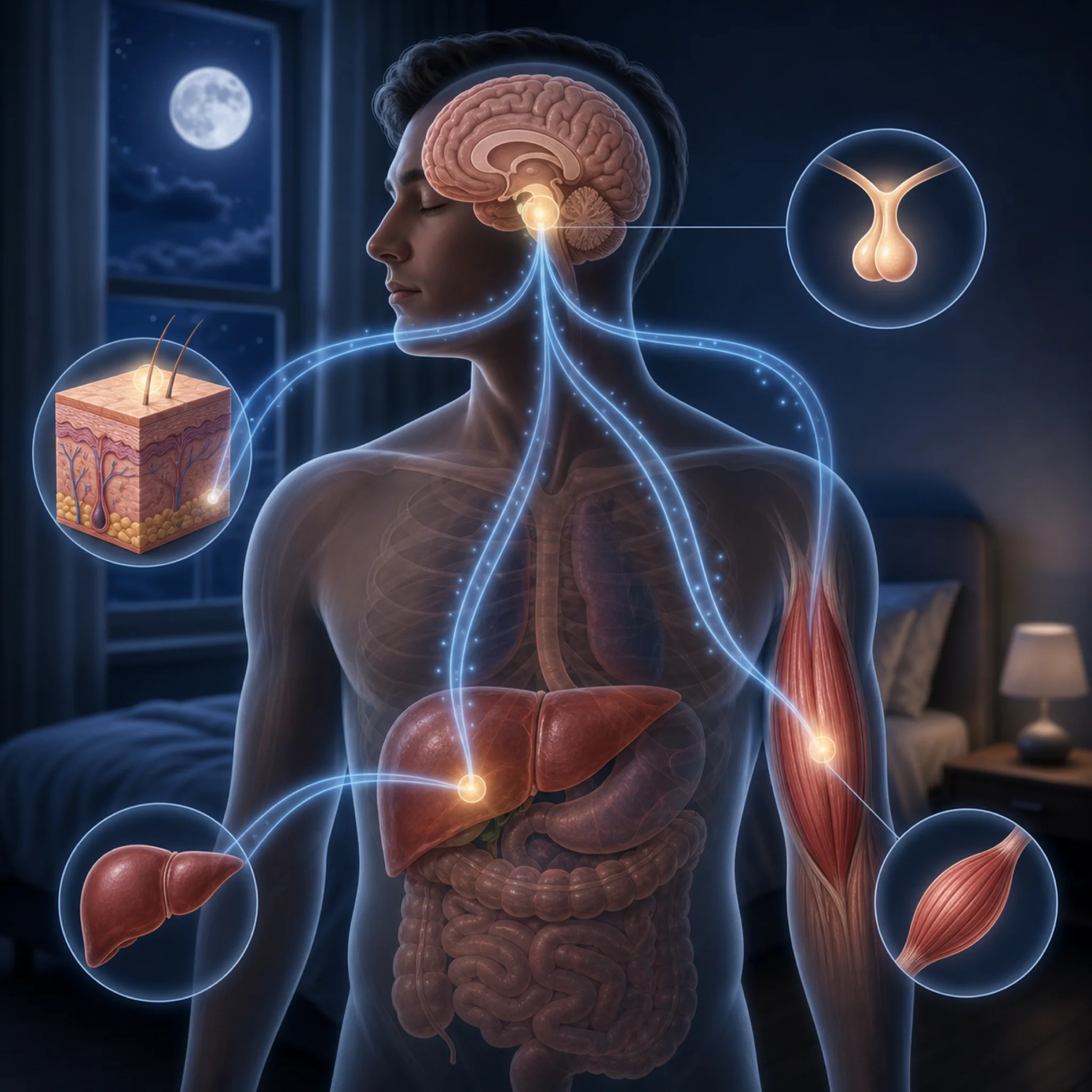 Abstract body map of nighttime hormone signals from brain to muscle and skin