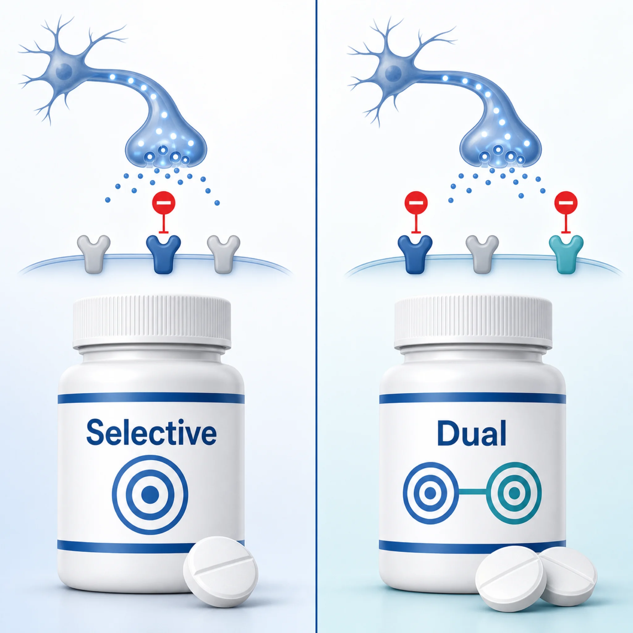 Visual comparison of selective NK3R antagonist versus dual NK1 and NK3R antagonist mechanisms
