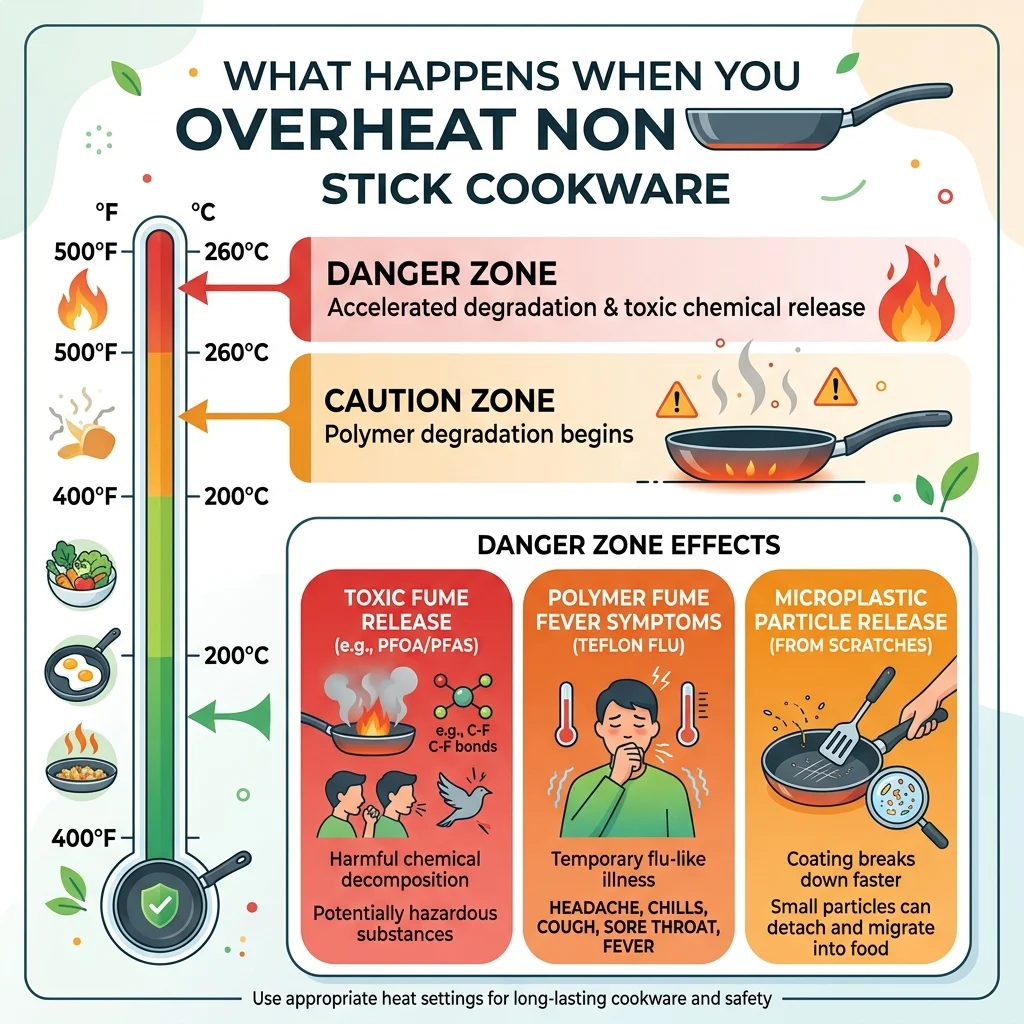Temperature scale infographic showing the danger zones for nonstick cookware overheating and associated health risks