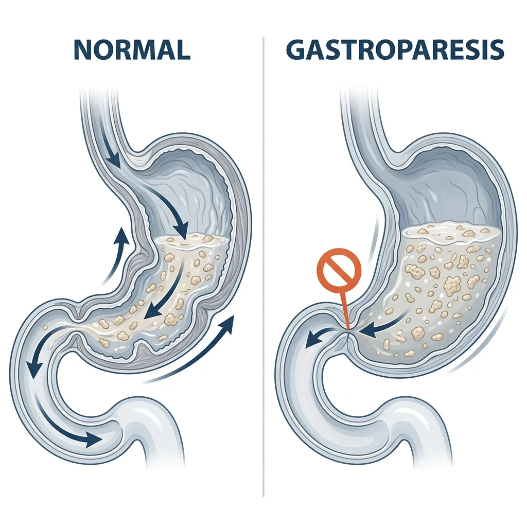 Side-by-side comparison of normal gastric emptying versus gastroparesis showing food retention in the stomach