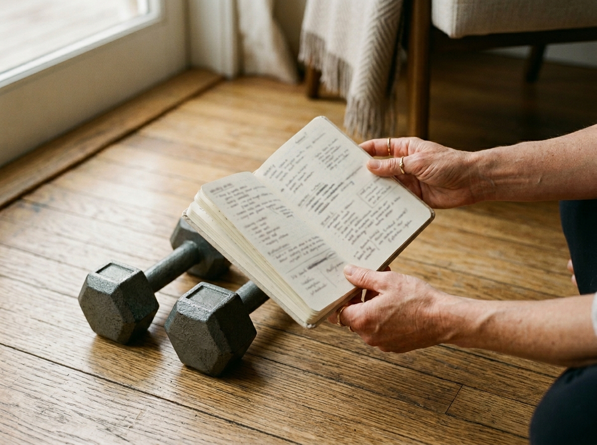 Hands holding a small notebook beside dumbbells in soft afternoon light