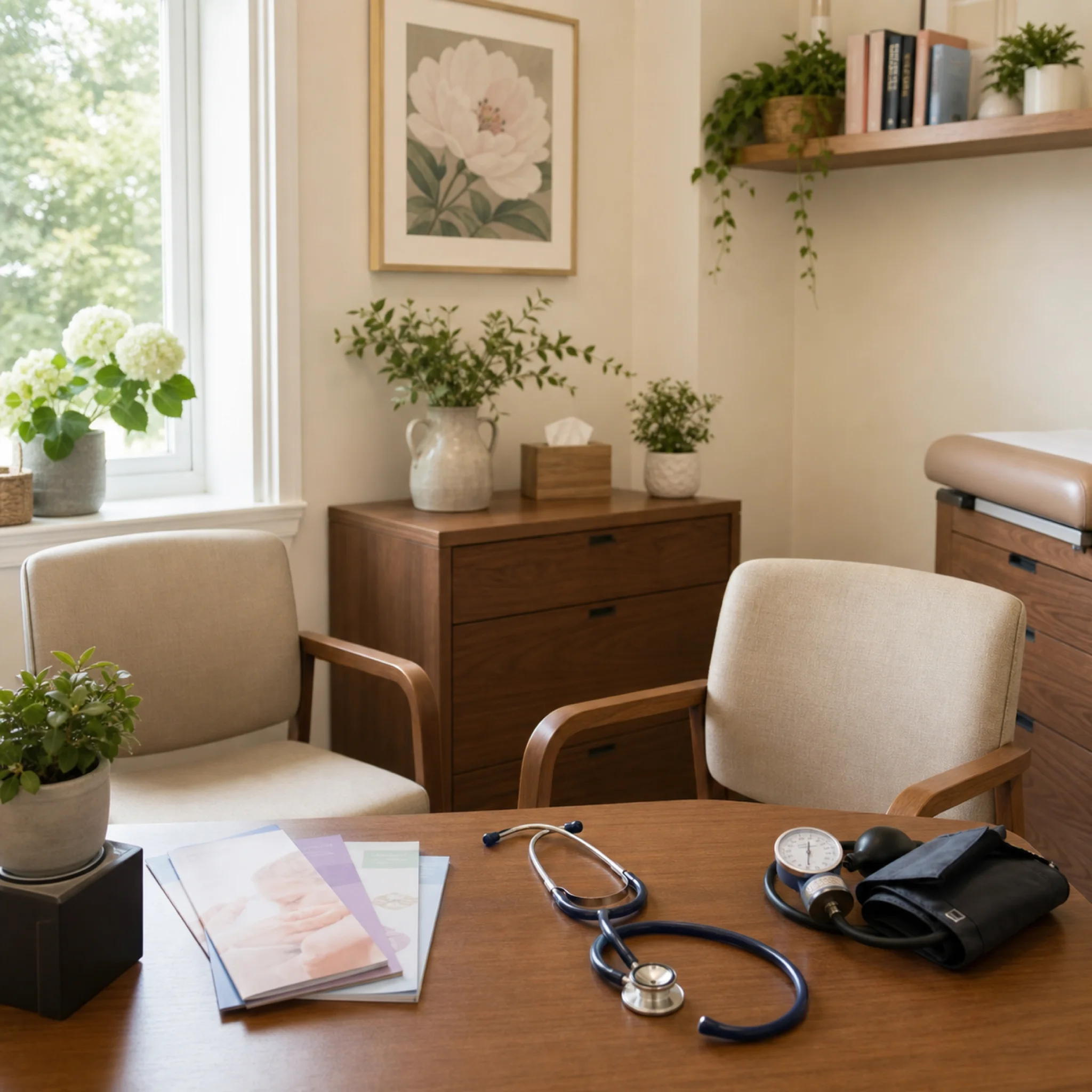 A quiet OB-GYN consultation room with empty chairs and basic medical equipment