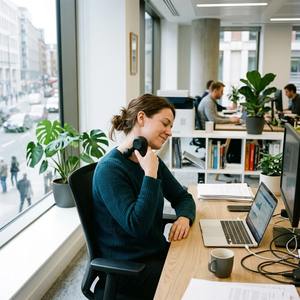 Office worker using a compact massage gun on neck and shoulders at their desk