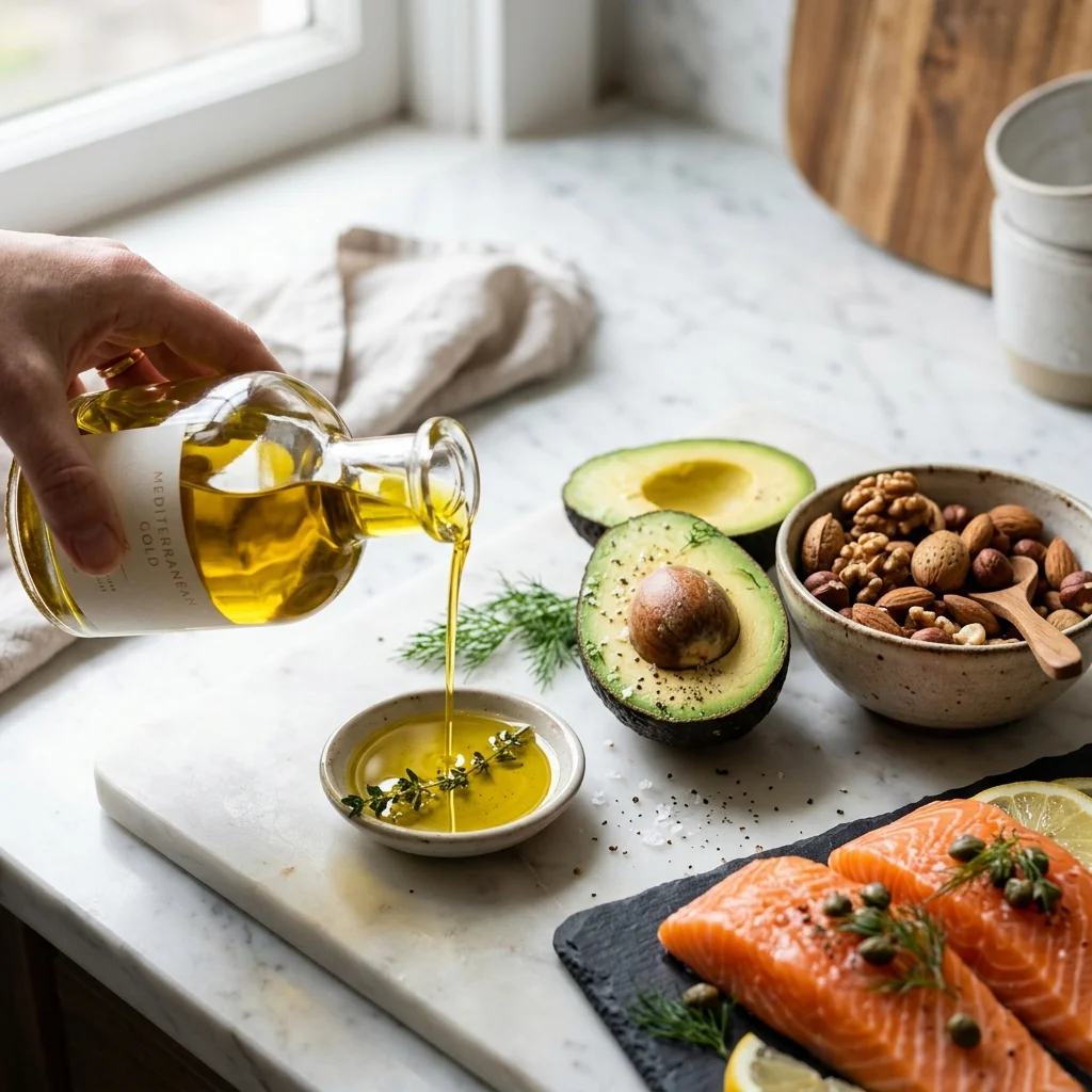 Fresh olive oil being poured alongside sliced avocado and mixed nuts in ceramic bowls